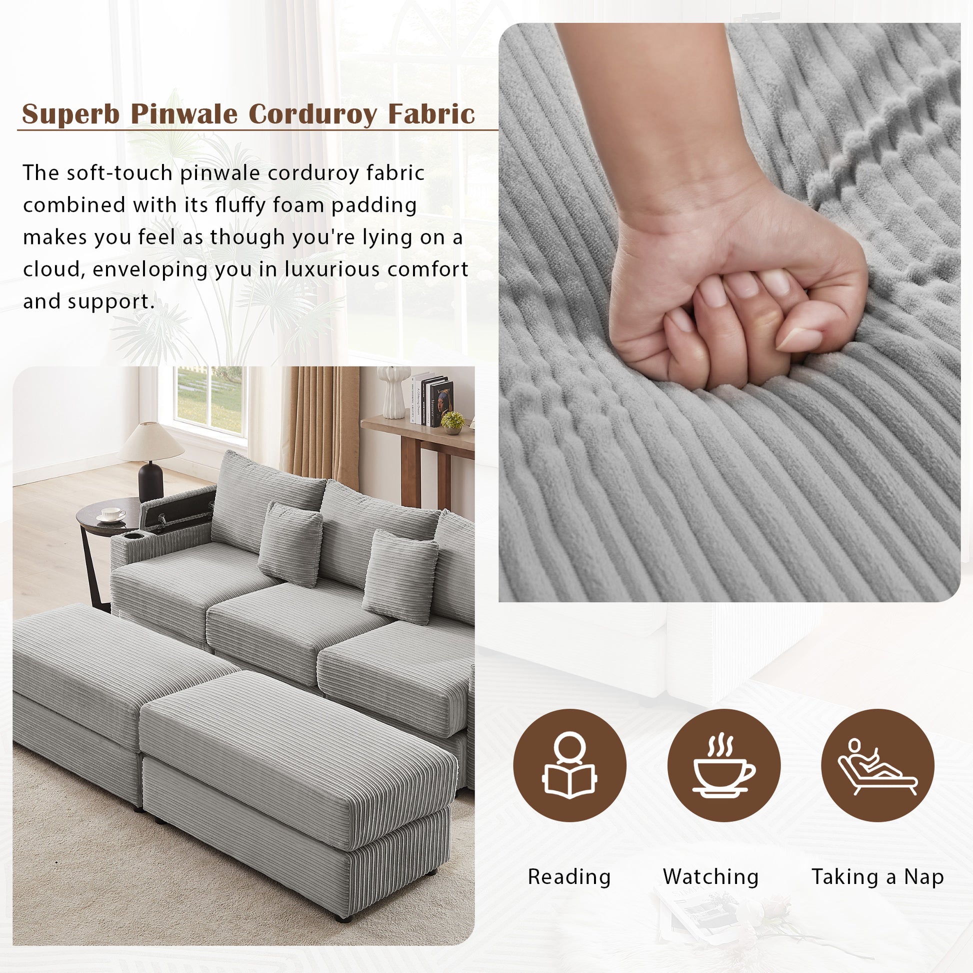Gray pinwale corduroy modular sofa sectional with ottoman for living room