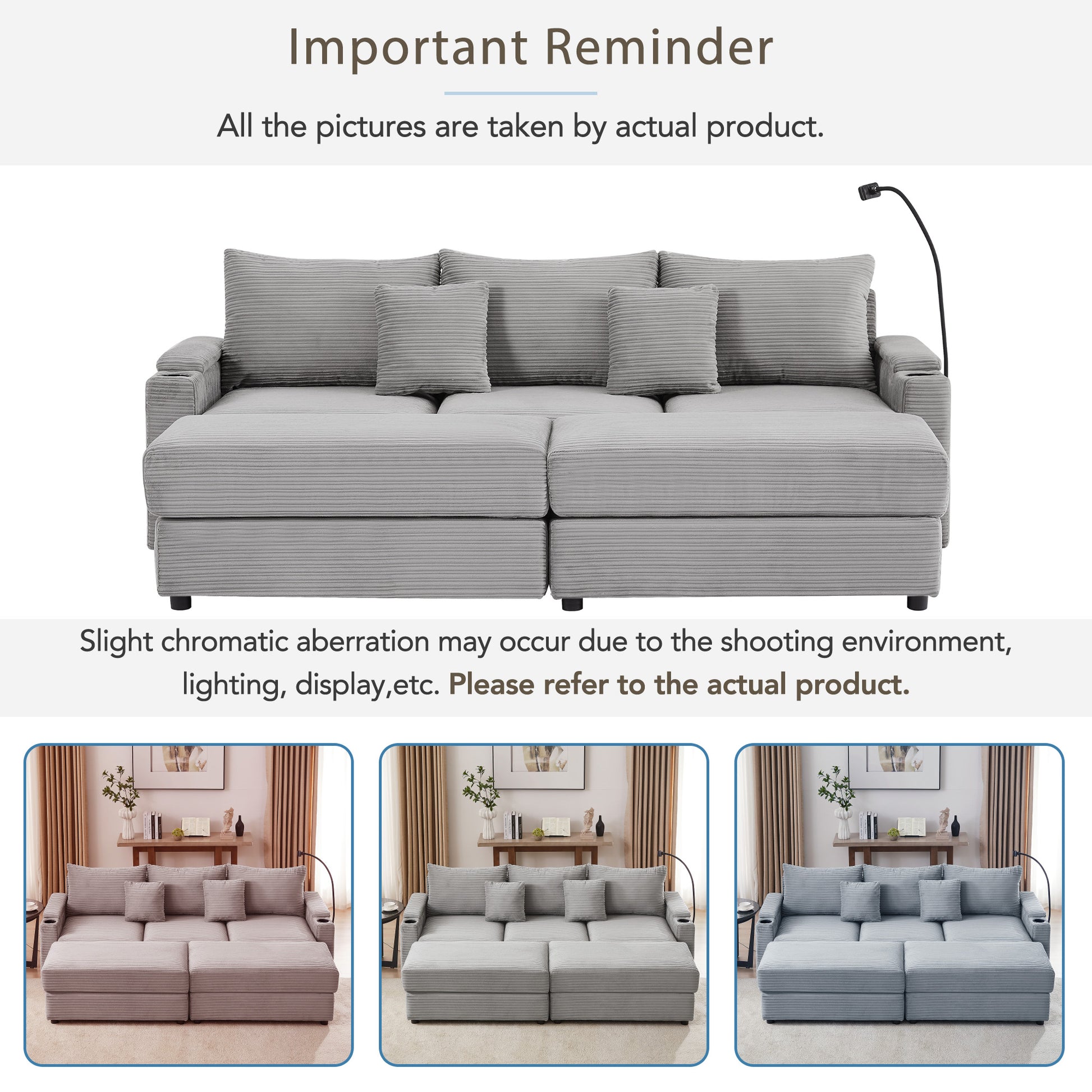 Light gray corduroy sectional sofa with removable chaise and plush cushions