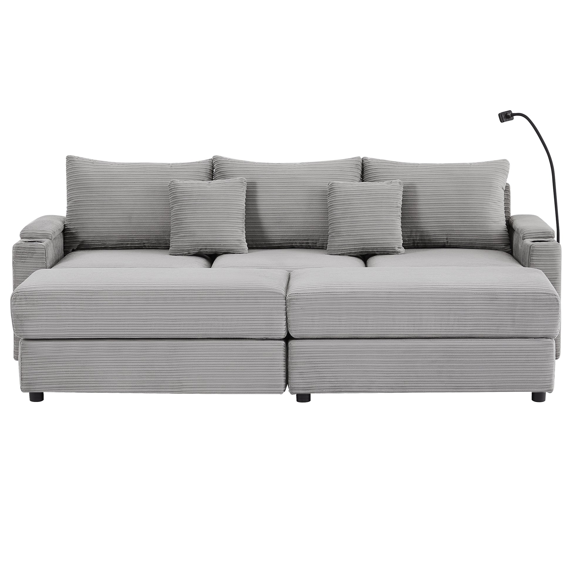 Gray corduroy sectional sofa with chaise and adjustable armrest lamp