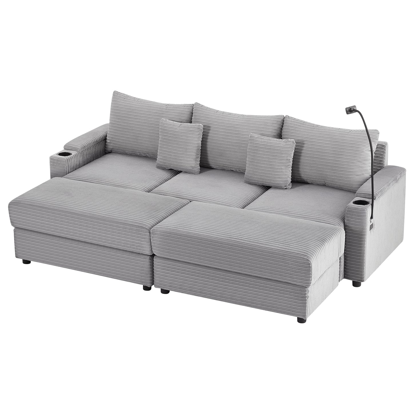 Modern grey corduroy sectional sofa with chaise cup holders and integrated reading lamp