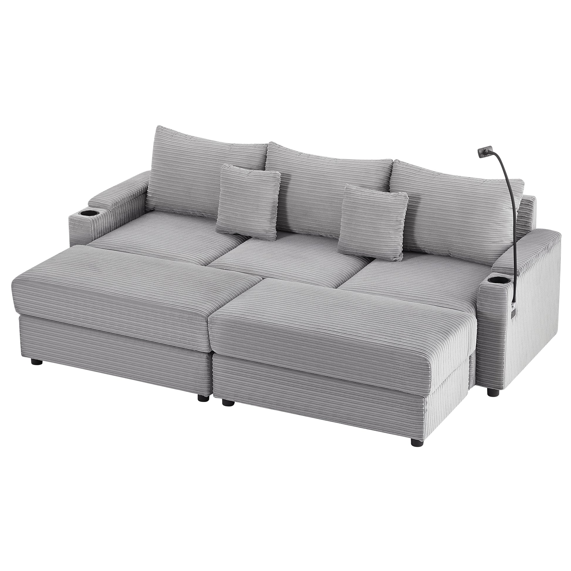 Modern grey corduroy sectional sofa with chaise cup holders and integrated reading lamp