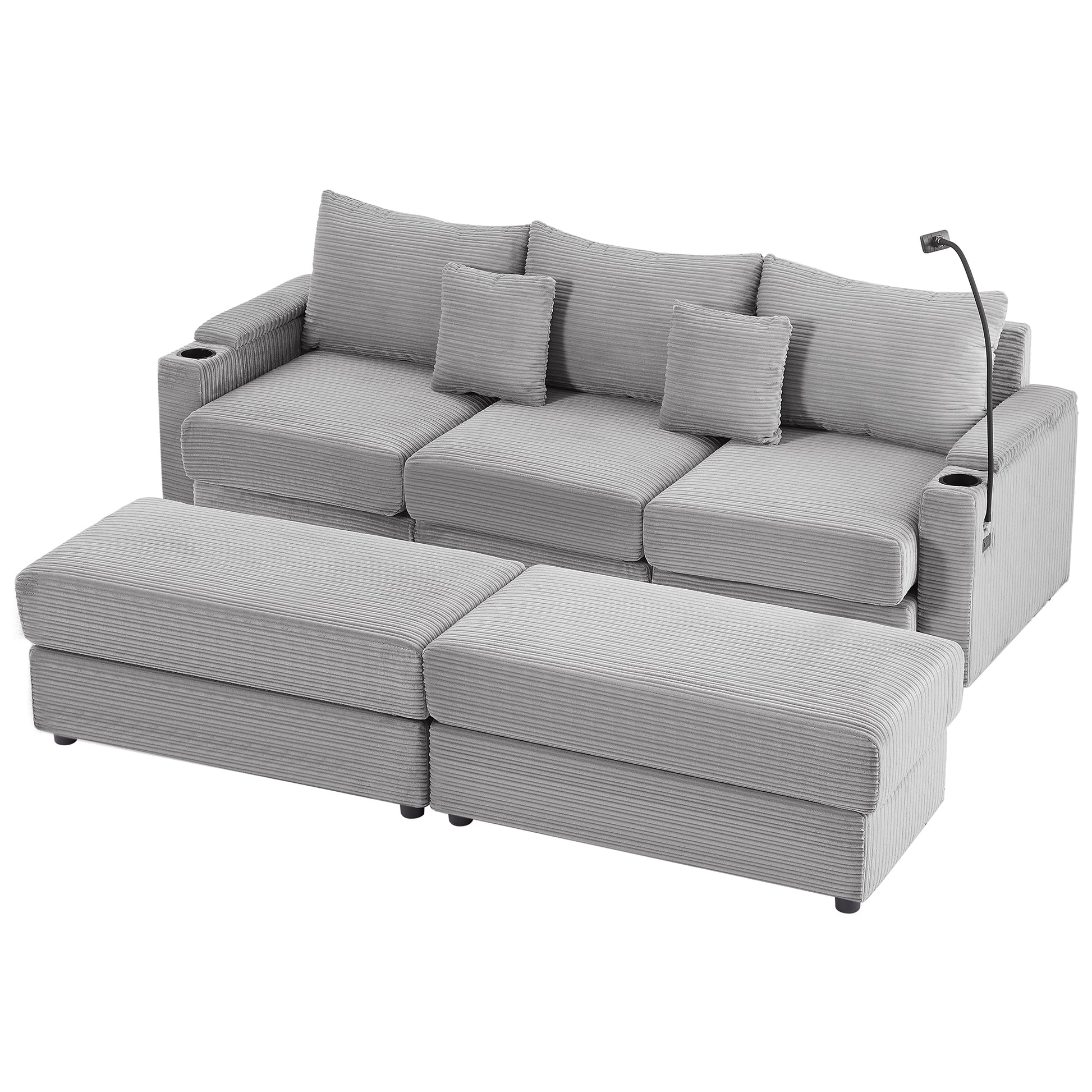 Grey corduroy sectional sofa with two ottomans and integrated cup holders