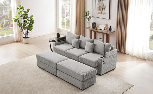 Light grey corduroy sectional sofa with two ottomans perfect for a modern living room