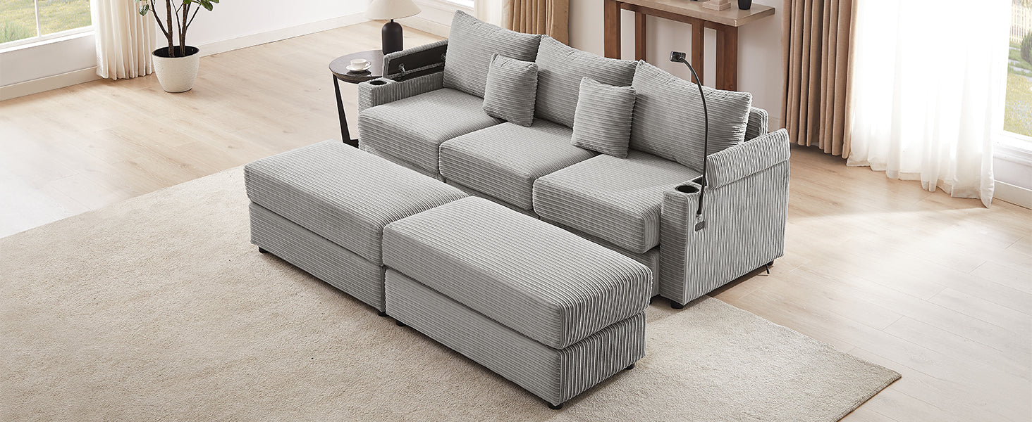 Grey corduroy sectional sofa with two ottomans and builtin cup holders