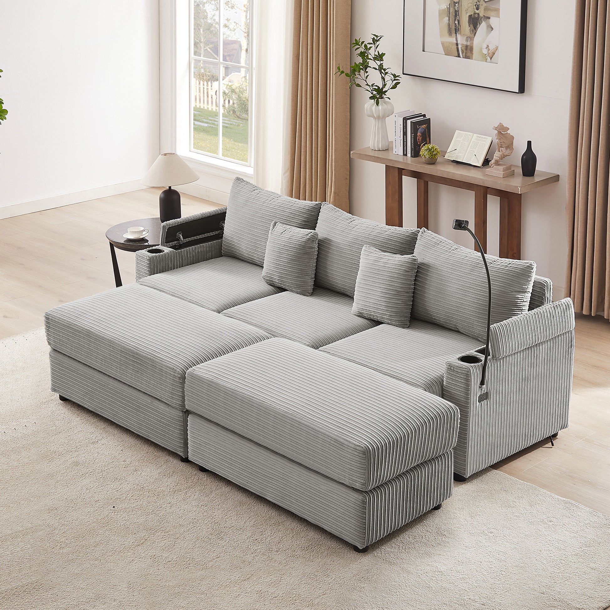 Gray corduroy sectional sofa with cup holders and builtin reading light
