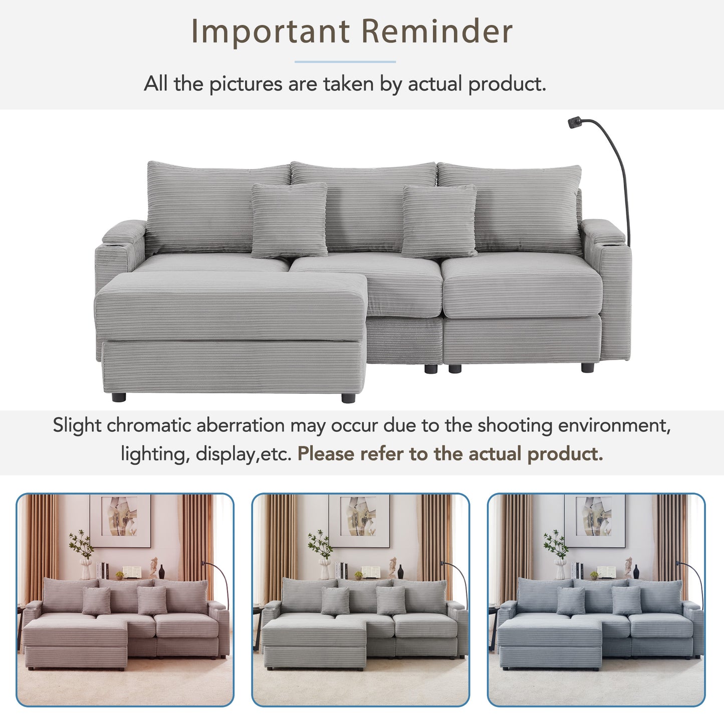 Light gray corduroy sectional sofa with reversible chaise and five pillows