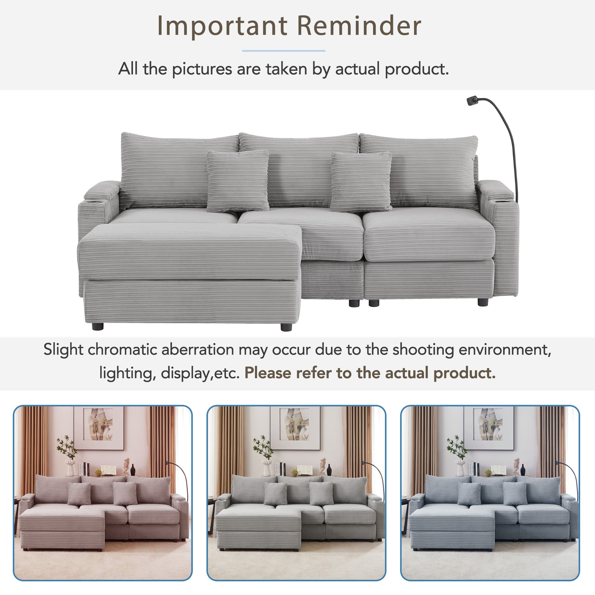 Light gray corduroy sectional sofa with reversible chaise and five pillows