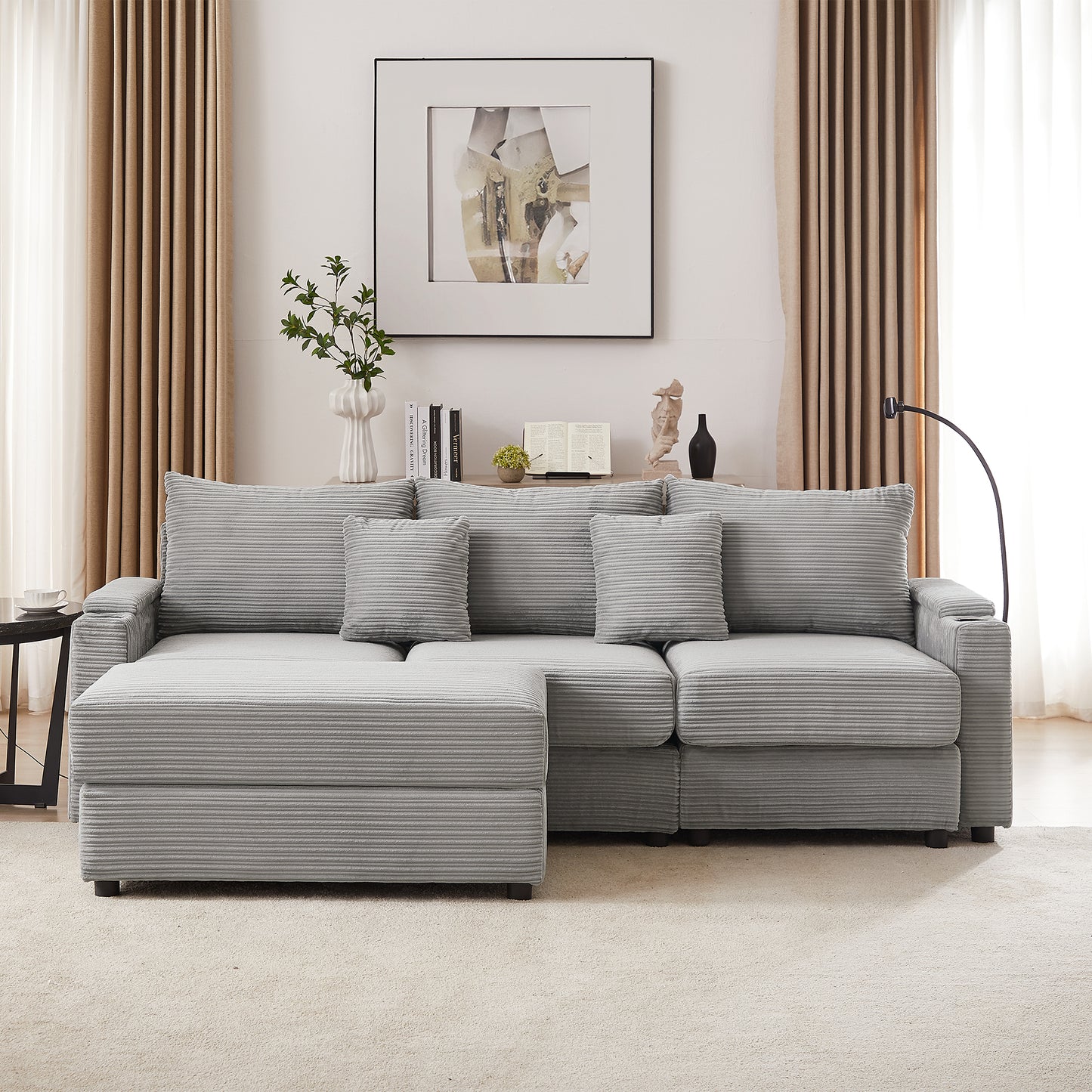 Gray corduroy sectional sofa with movable chaise for modern living room comfort