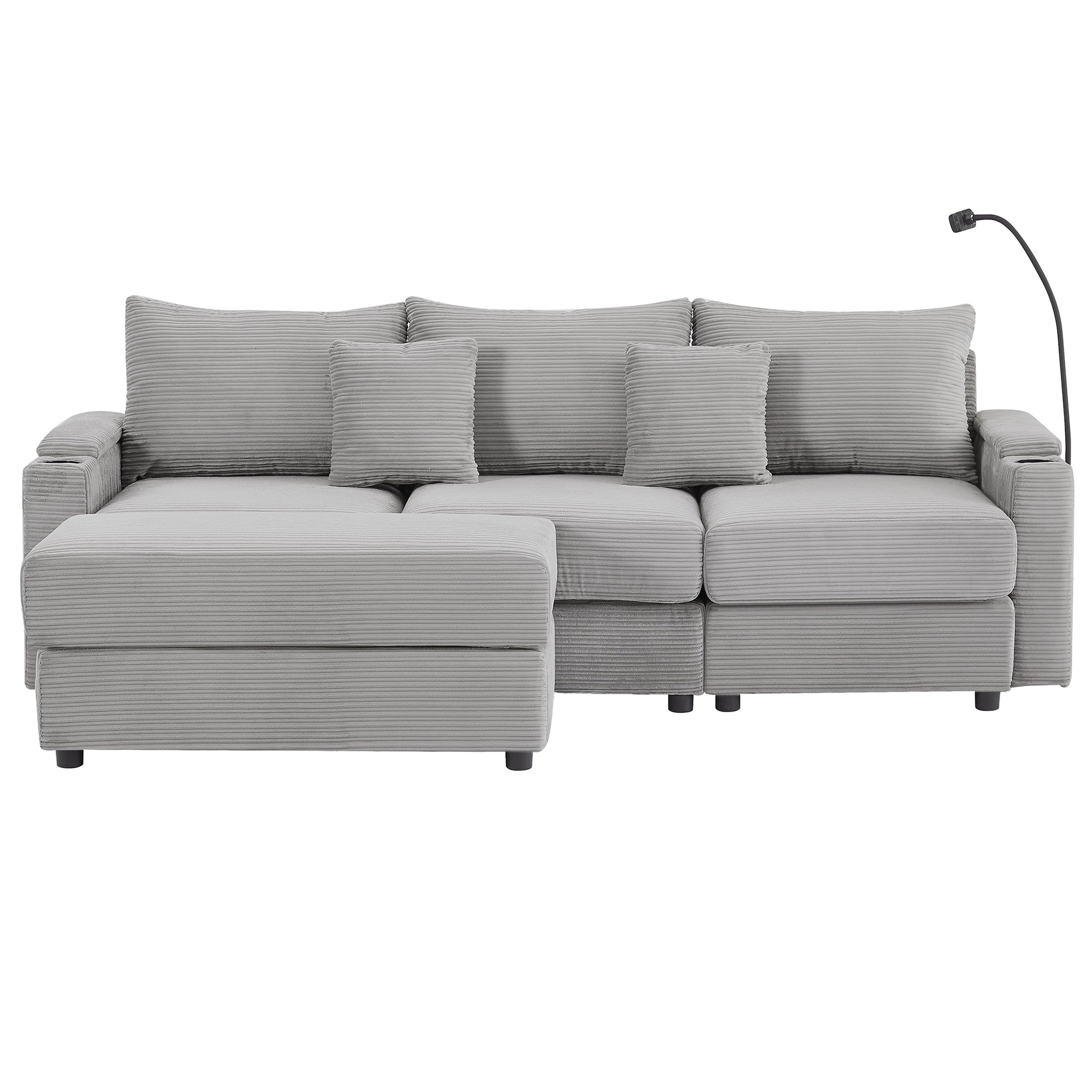 Light gray corduroy sectional sofa with plush cushions and a builtin cup holder