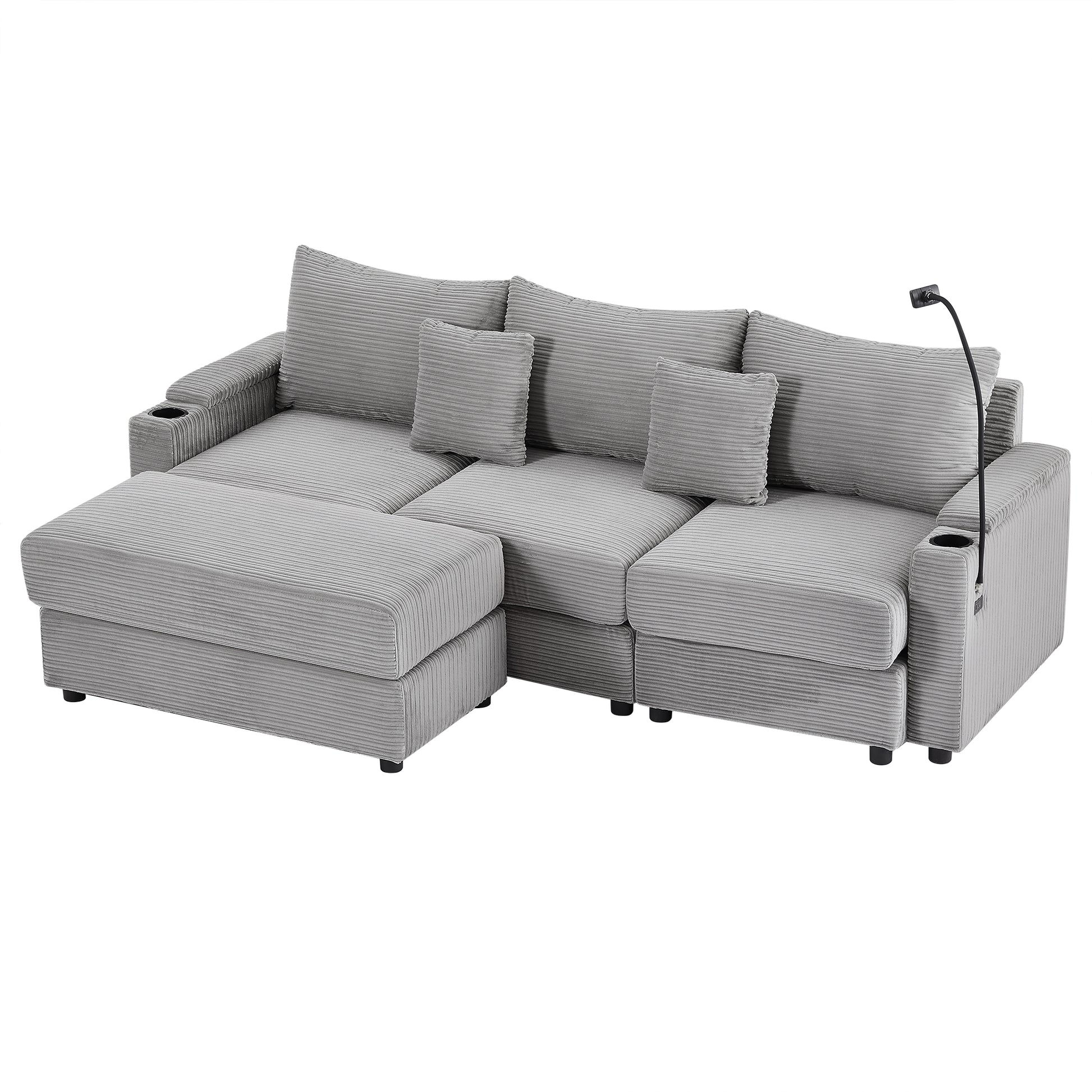 Grey corduroy sectional sofa with modular design and builtin cup holders