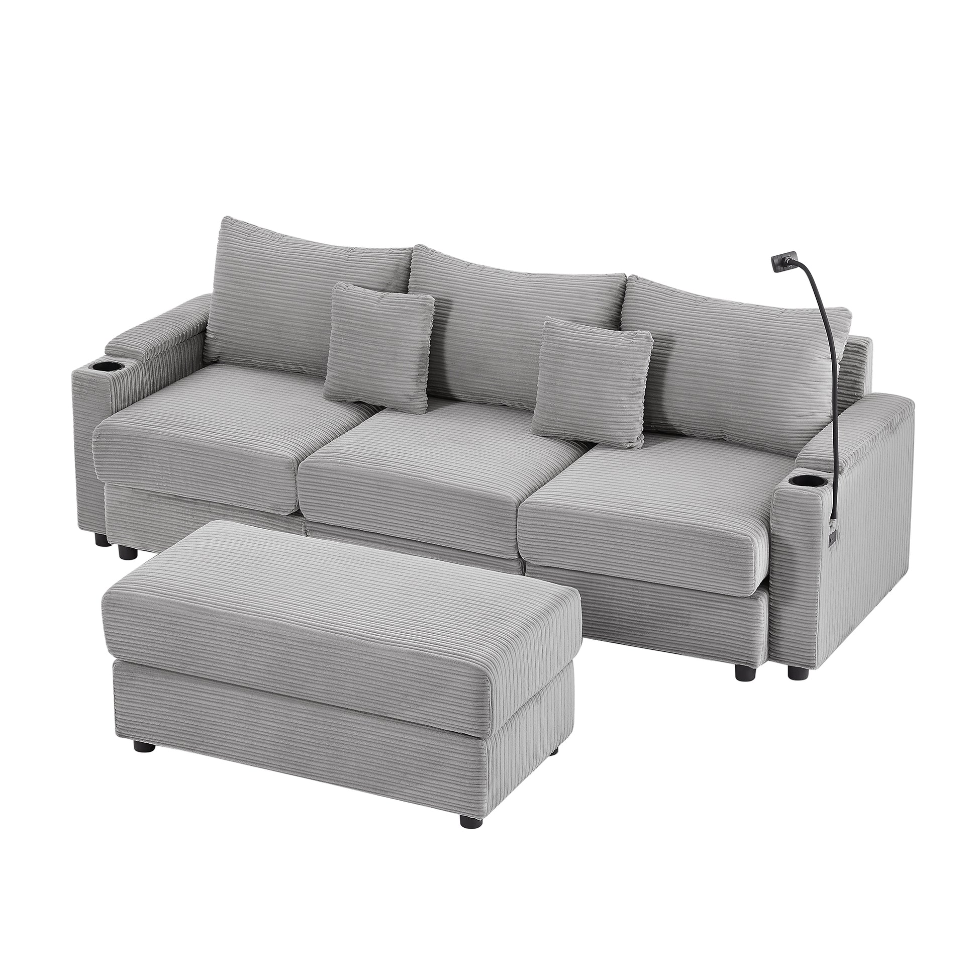 Gray corduroy sectional sofa with ottoman and builtin cup holders for a comfortable living room setup