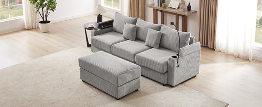 Light gray corduroy sectional sofa with ottoman and builtin cup holders