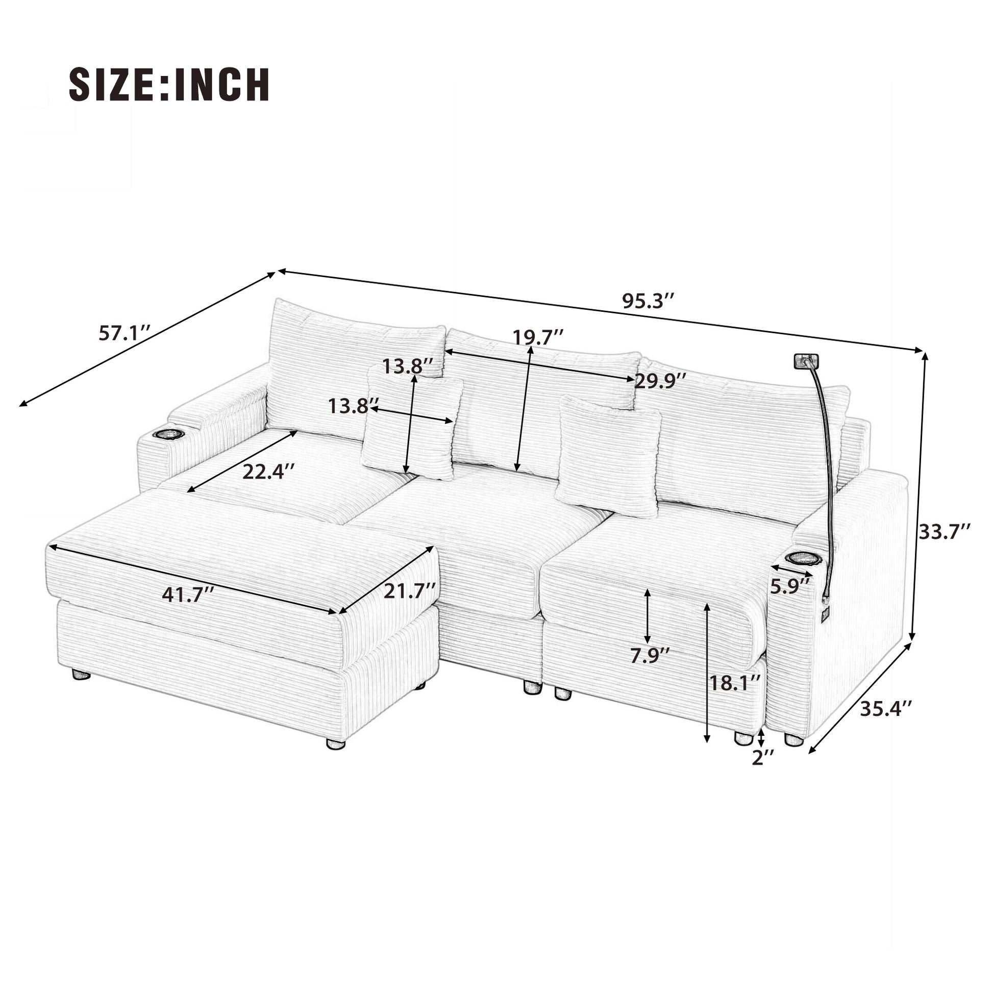Diagram of a corduroy sectional sofa with dimensions  L x  D x  H