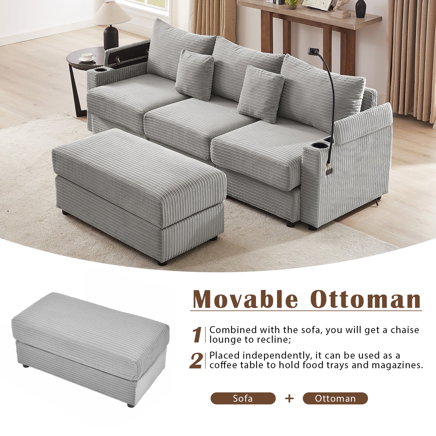 Gray corduroy sectional sofa with matching movable ottoman and builtin cup holders
