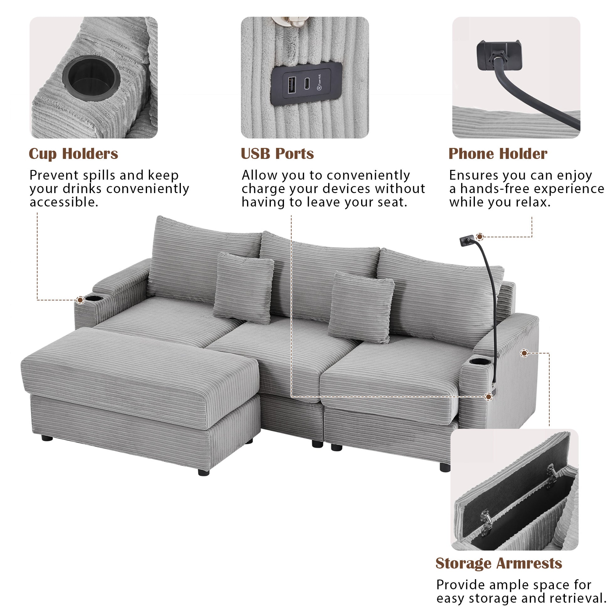 Gray corduroy sectional sofa with integrated cup holders on armrests for convenience