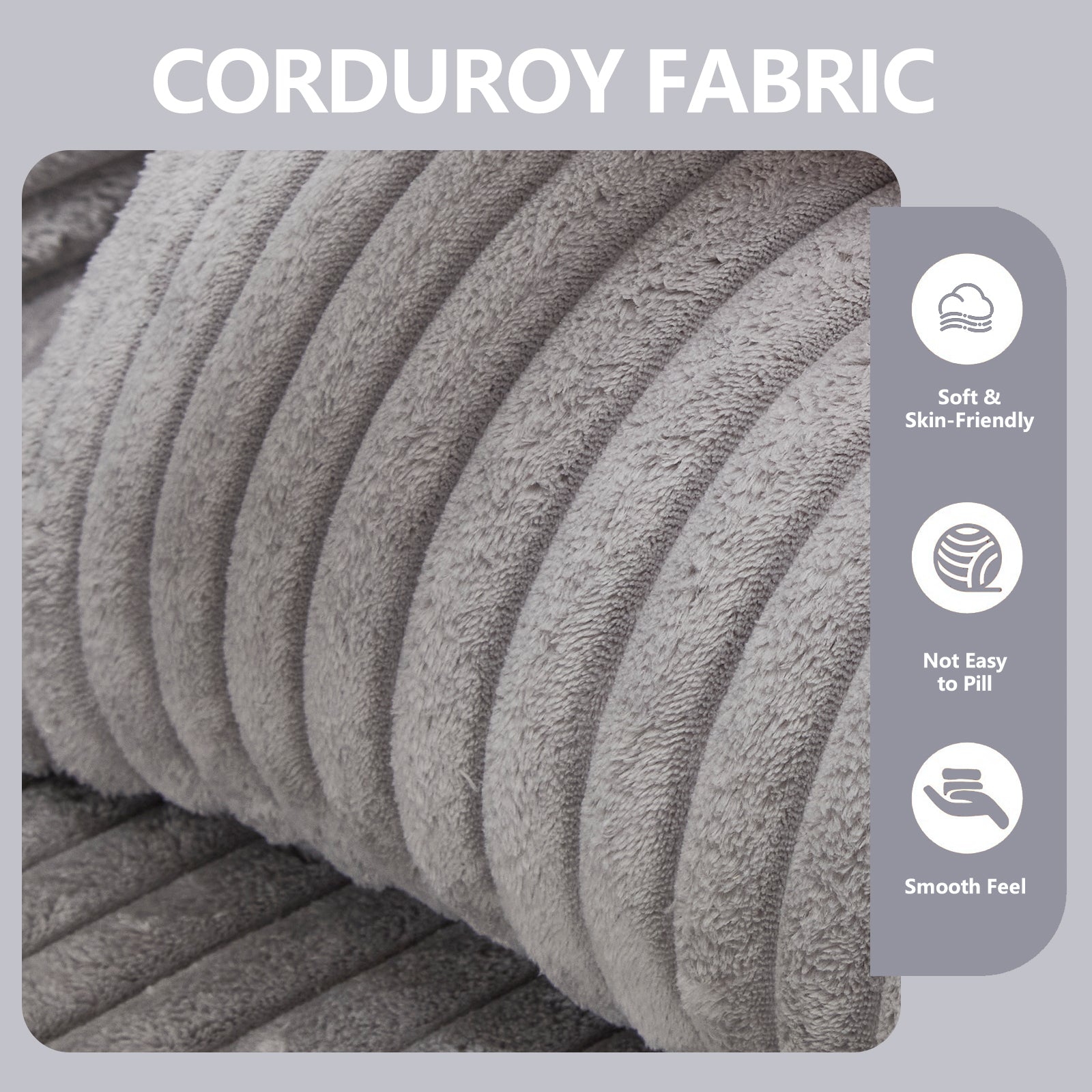 Closeup of soft grey corduroy fabric with visible ribs and fuzzy texture
