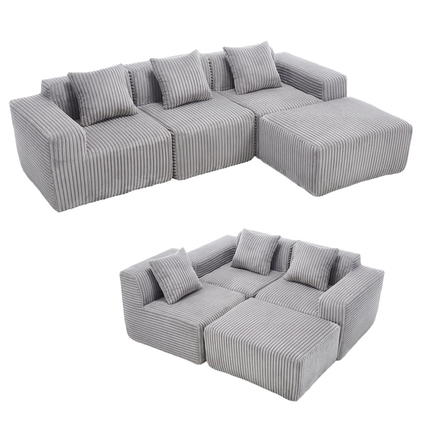 Grey corduroy modular sectional sofa with plush cushions for a cozy living room