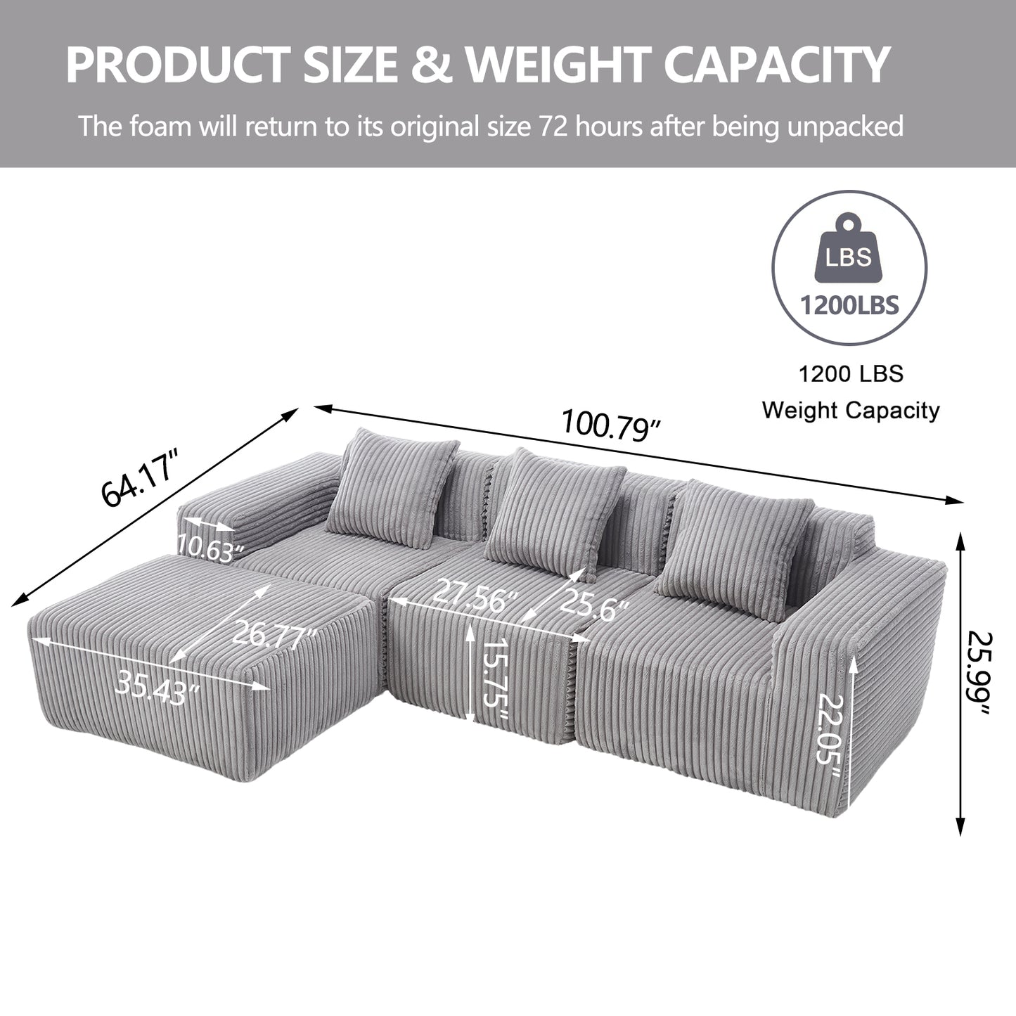 Gray corduroy sectional sofa with dimensions and  lb weight capacity