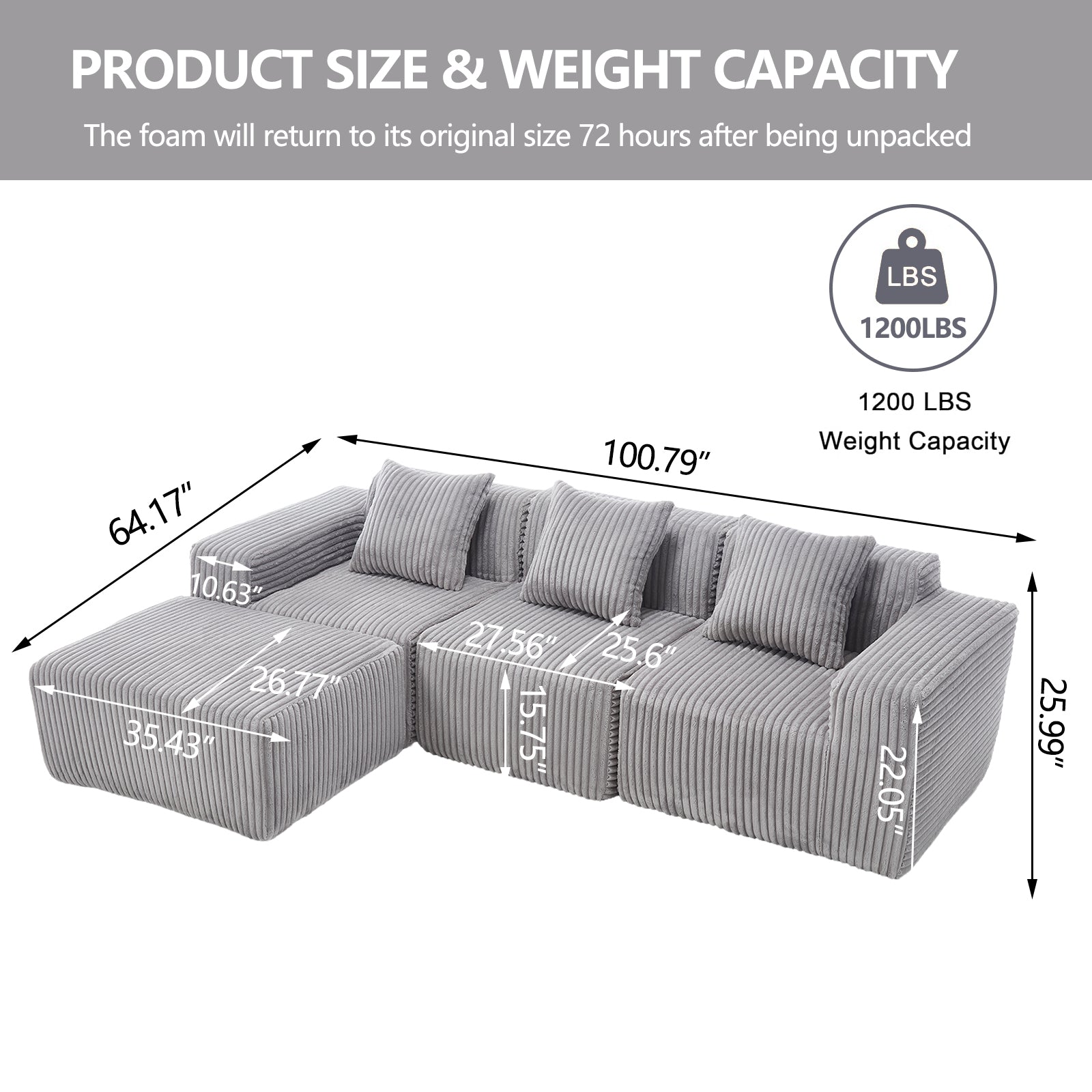 Gray corduroy sectional sofa with dimensions and  lb weight capacity