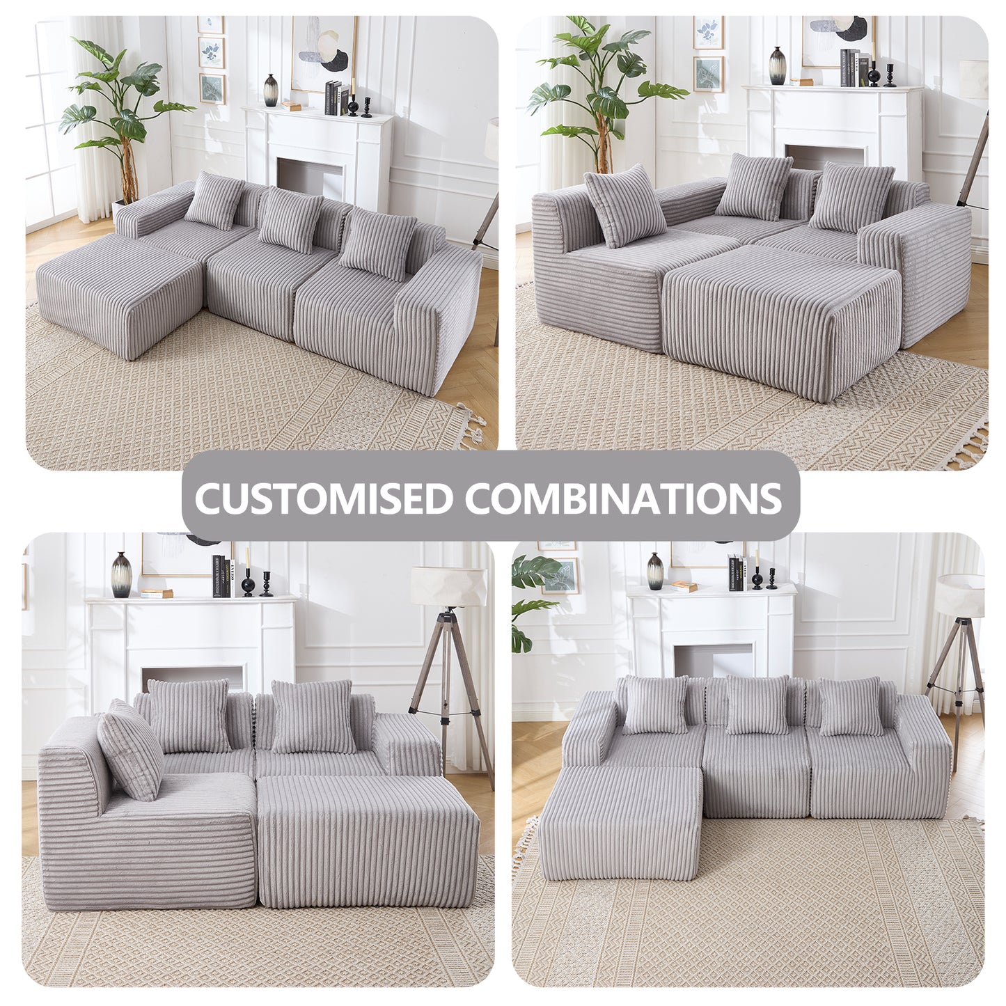 Plush grey corduroy sectional sofa with modular cubes and ottoman on a patterned rug