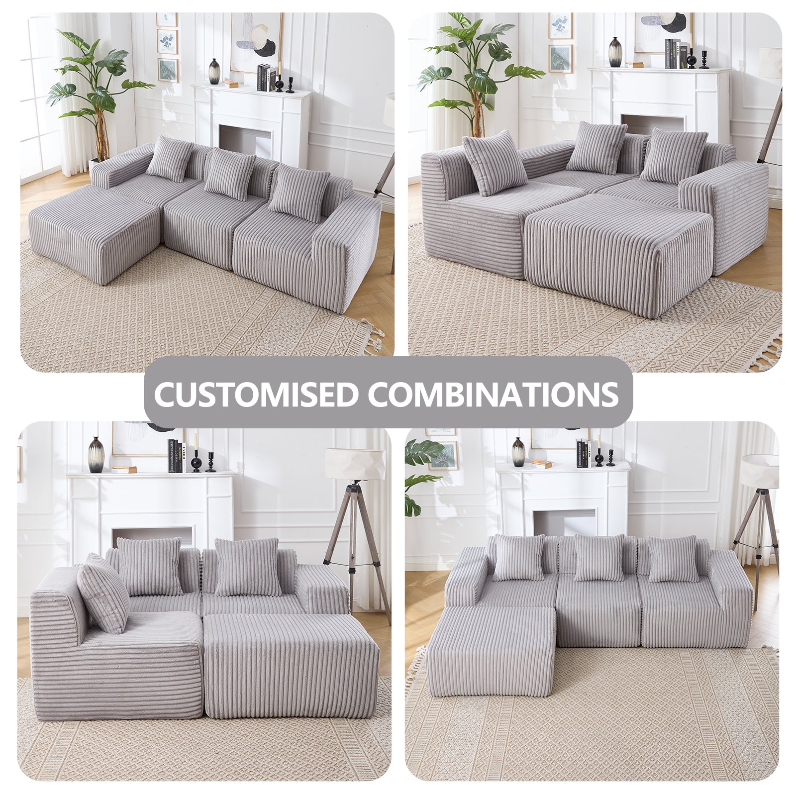 Plush grey corduroy sectional sofa with modular cubes and ottoman on a patterned rug