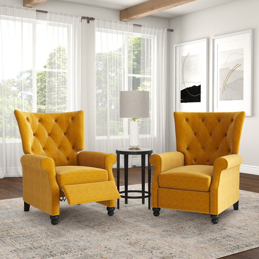 Tufted mustard yellow velvet recliner with rolled arms and black turned feet