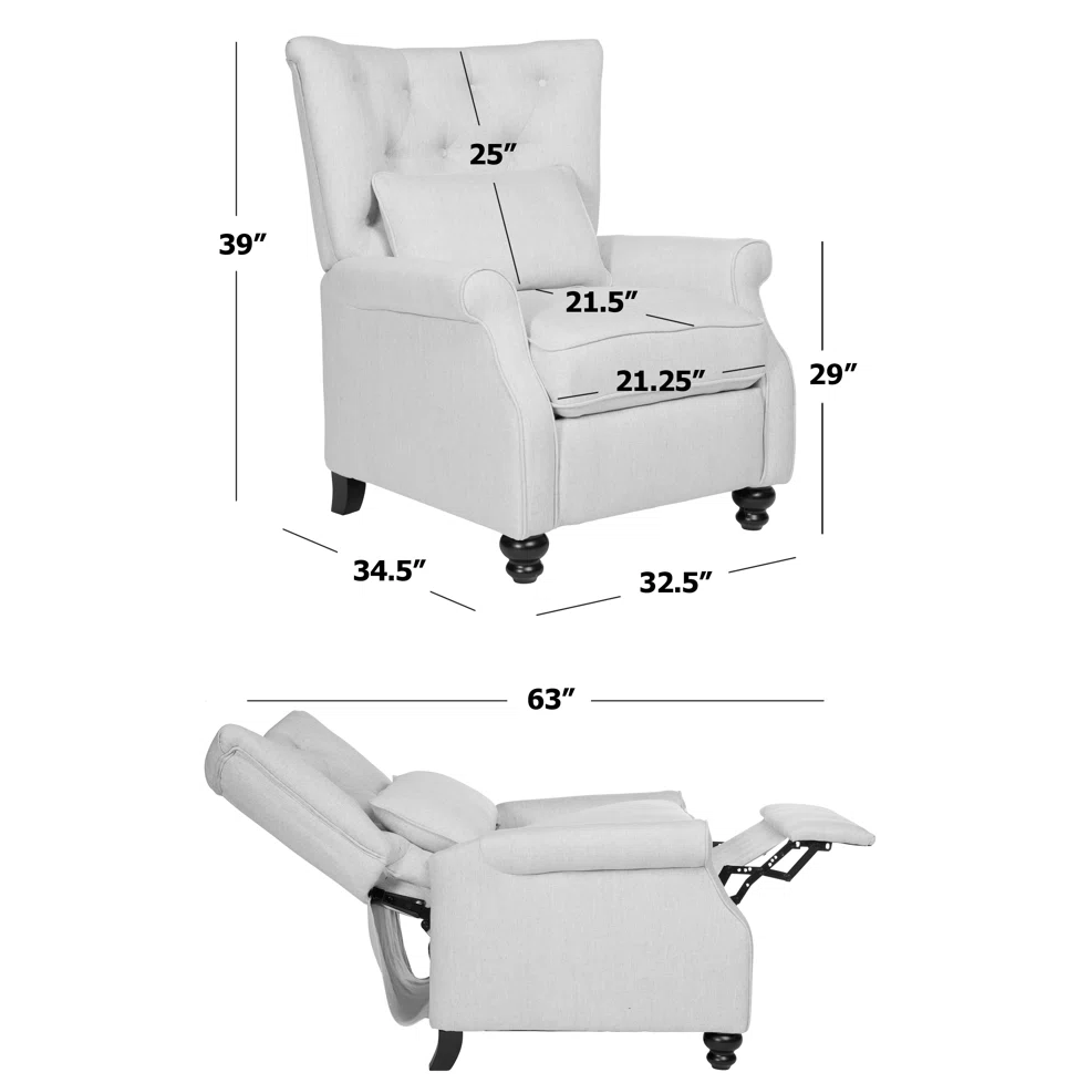 Tufted wingback recliner chair cream fabric with detailed dimensions and pillow