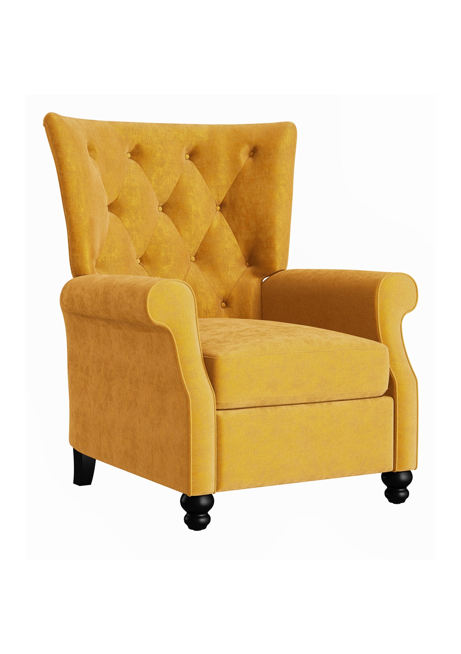 Tufted velvet wingback accent chair in golden yellow with black turned legs