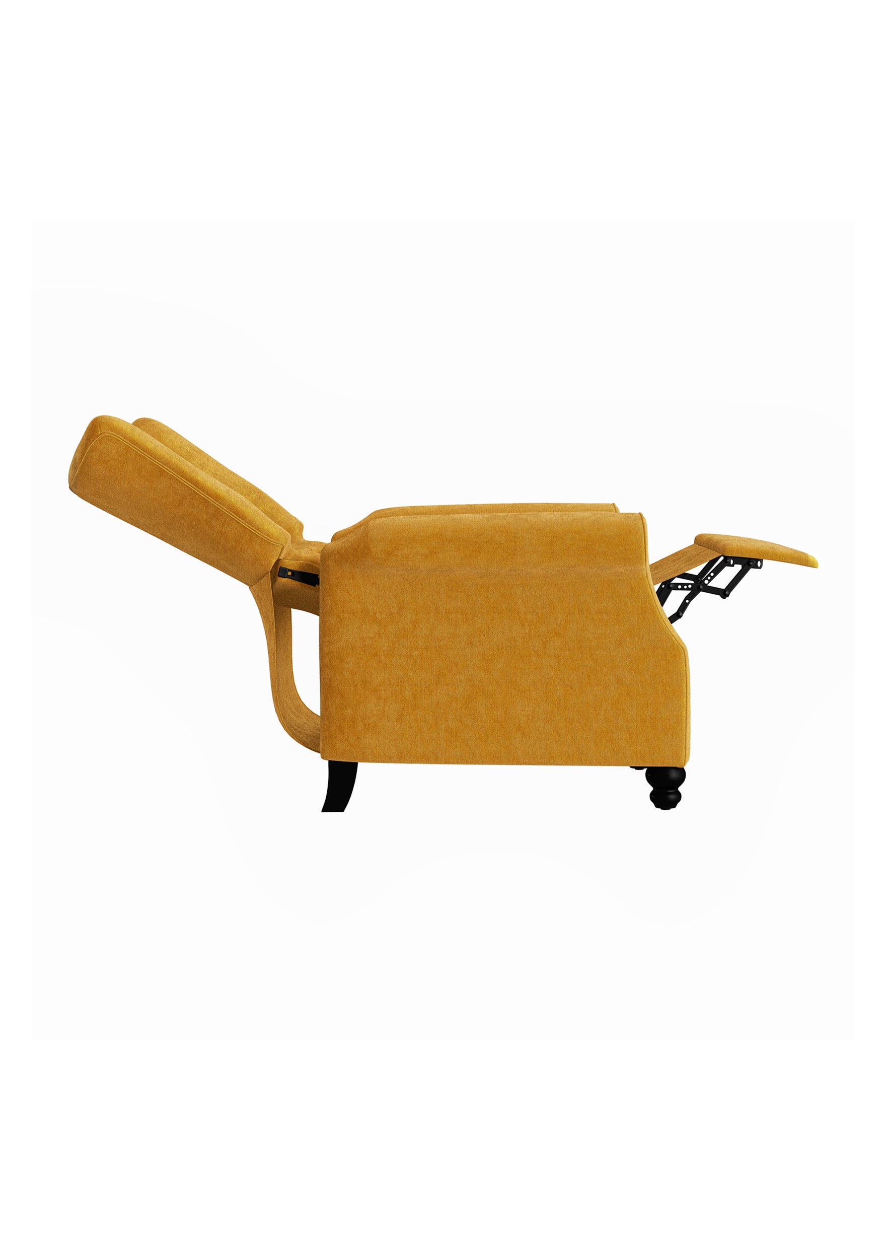 Mustard yellow recliner chair with fabric upholstery and exposed mechanism