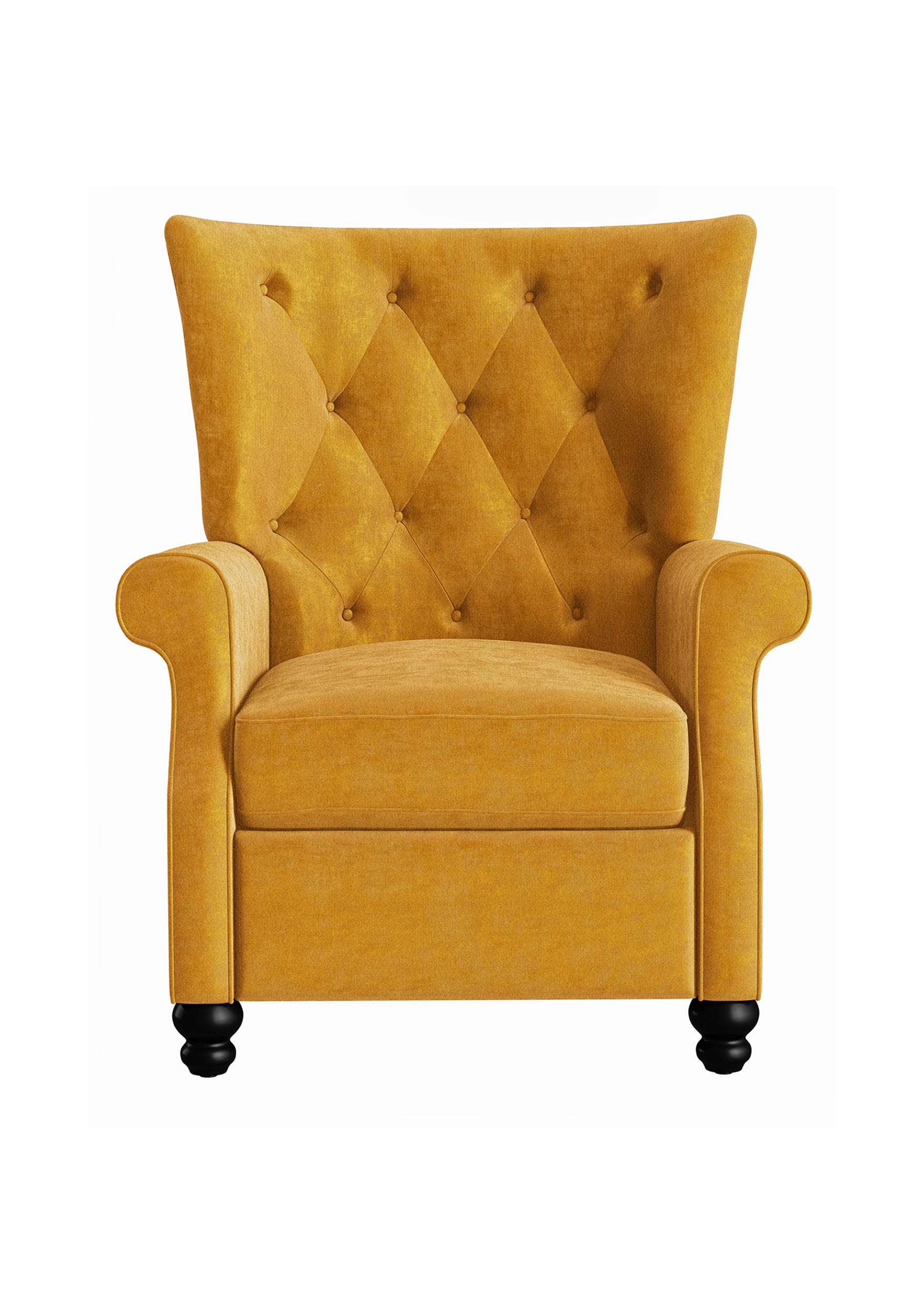 Yellow velvet wingback accent chair with tufted back and black bun feet