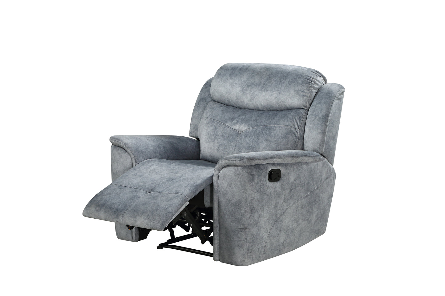 Grey fabric recliner chair with extended footrest and lever for comfort