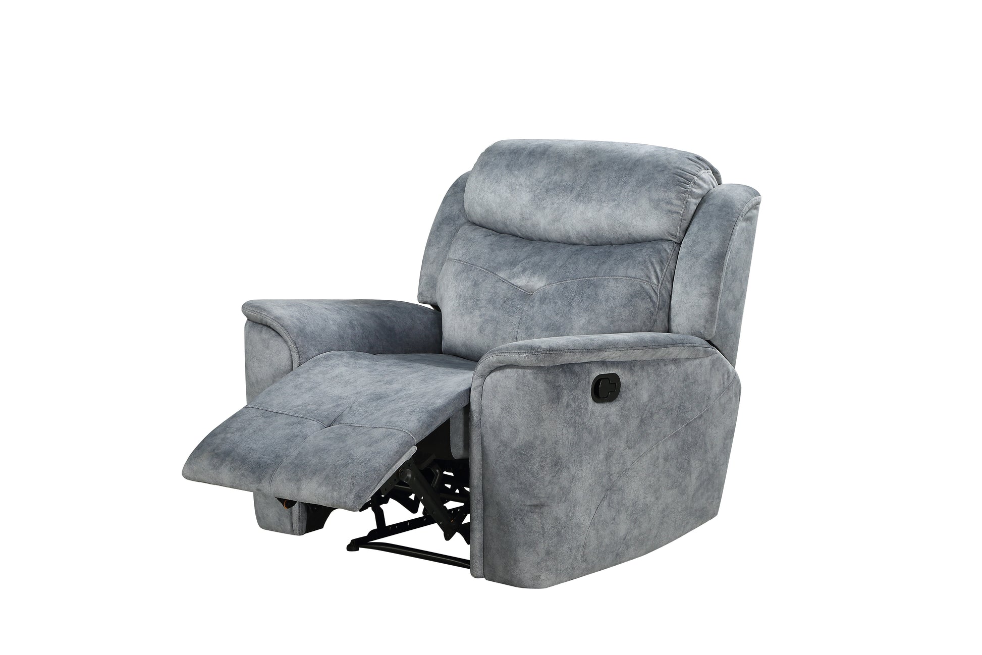 Grey fabric recliner chair with extended footrest and lever for comfort