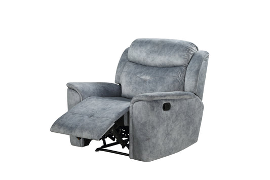 Grey fabric recliner chair with extended footrest and lever for comfort