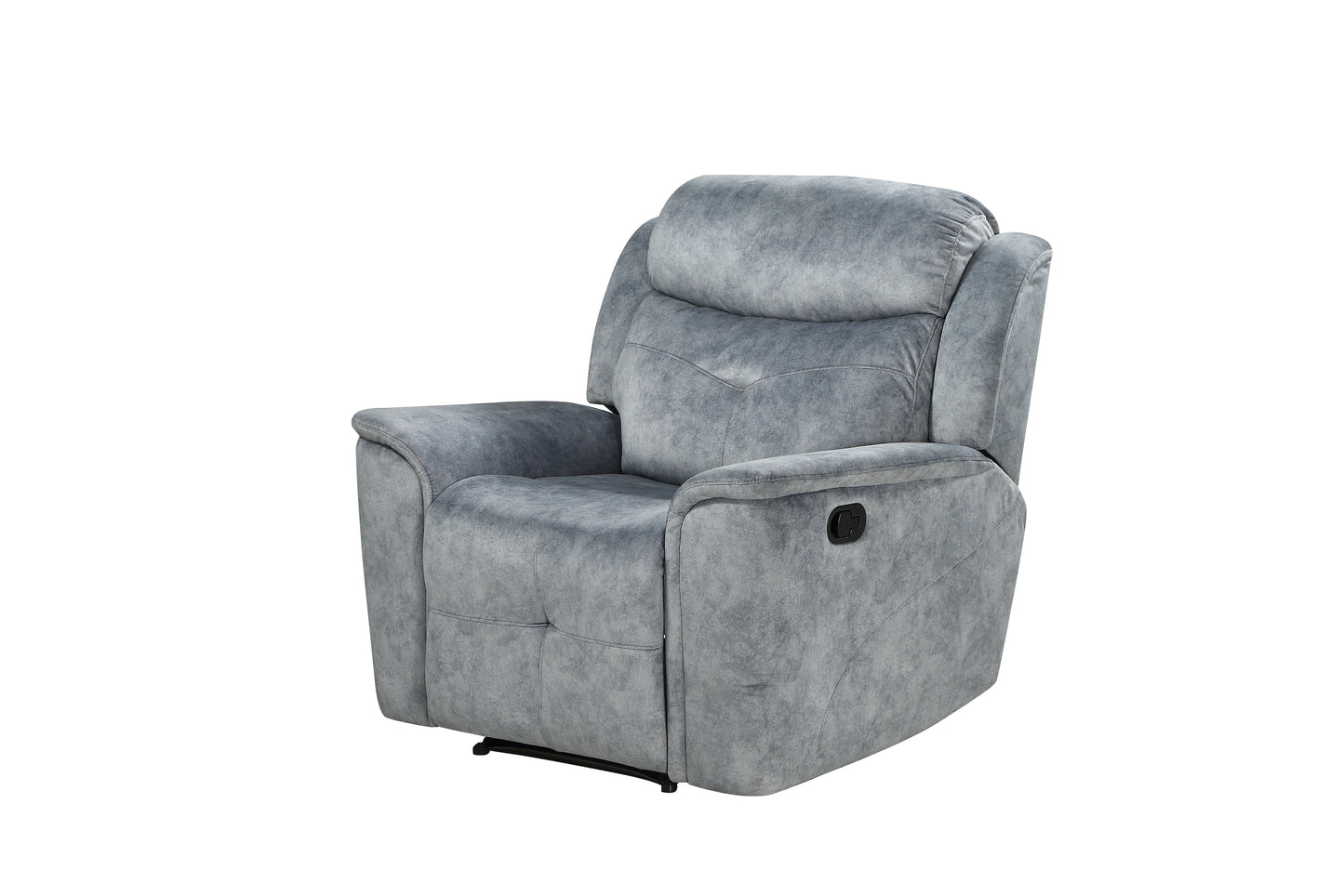 Grey fabric recliner chair with plush cushions and side lever for reclining function