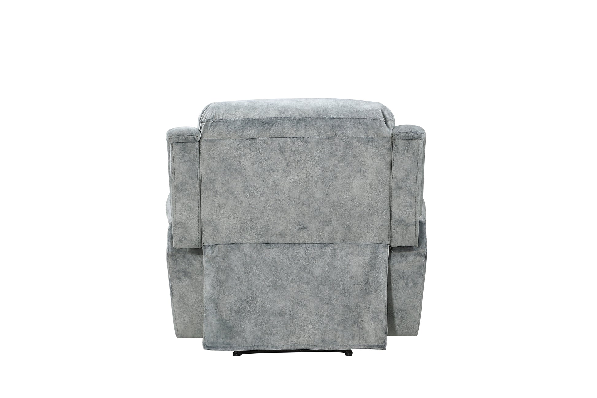 Back view of a plush grey reclining armchair with soft suedelike fabric upholstery
