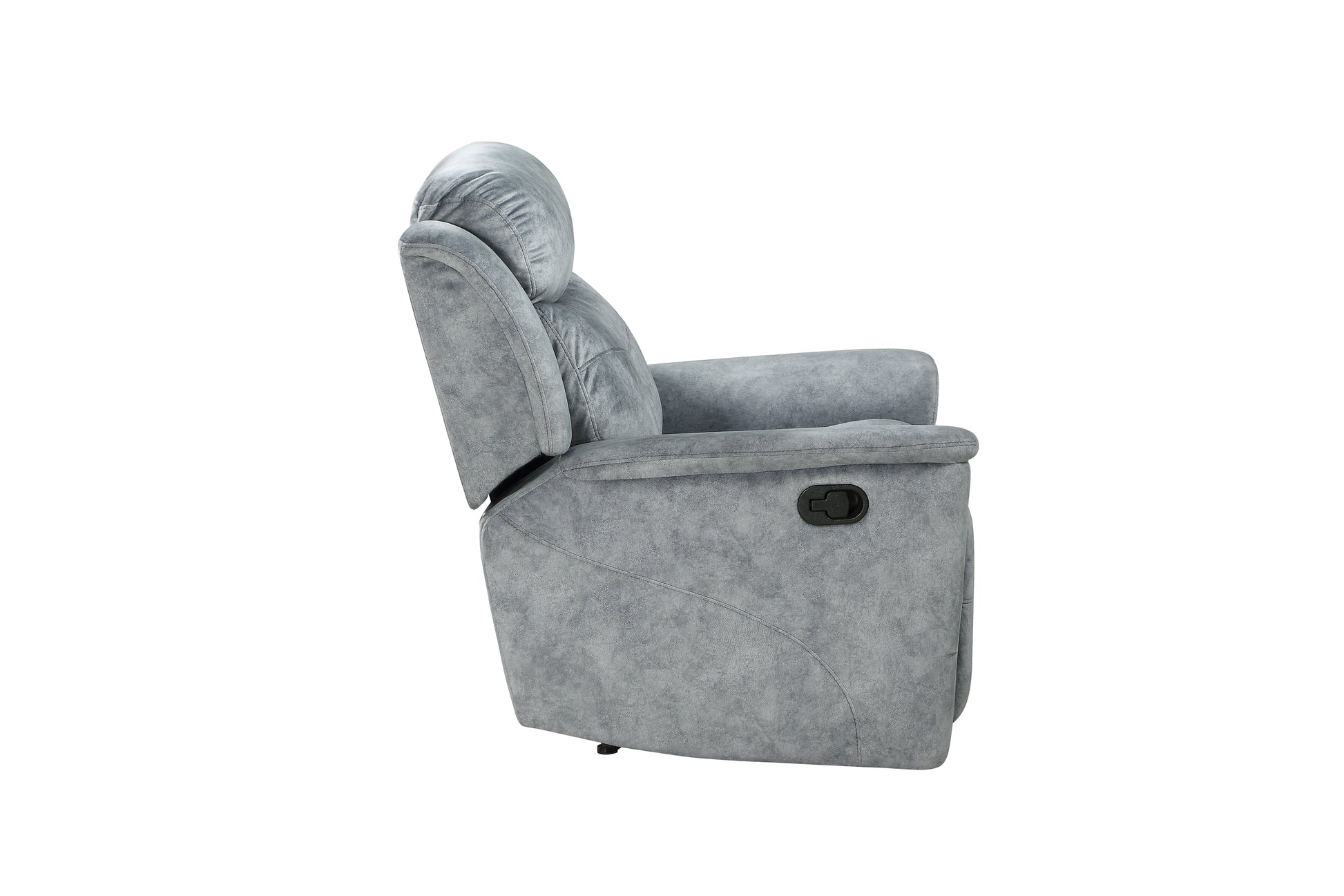 Grey fabric recliner chair with plush headrest and recliner lever on the side