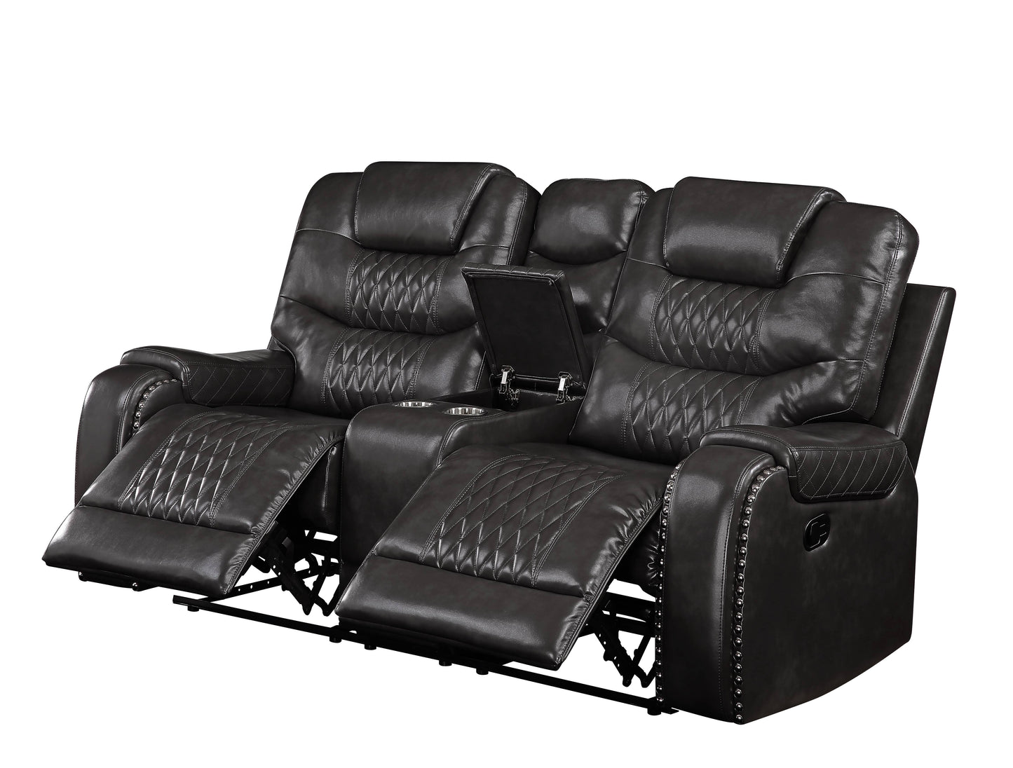 Dark gray leather loveseat recliner with diamond stitching cup holders and storage console