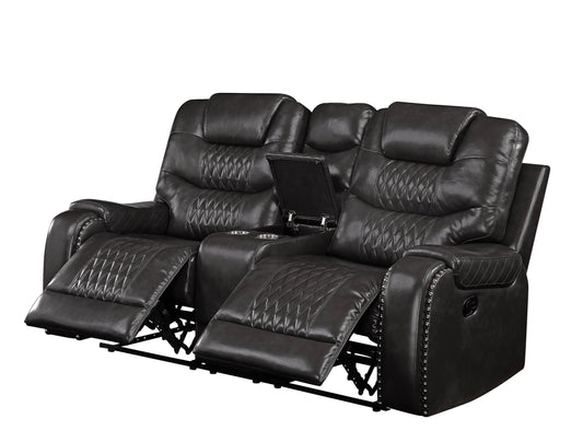 Dark gray leather loveseat recliner with diamond stitching cup holders and storage console