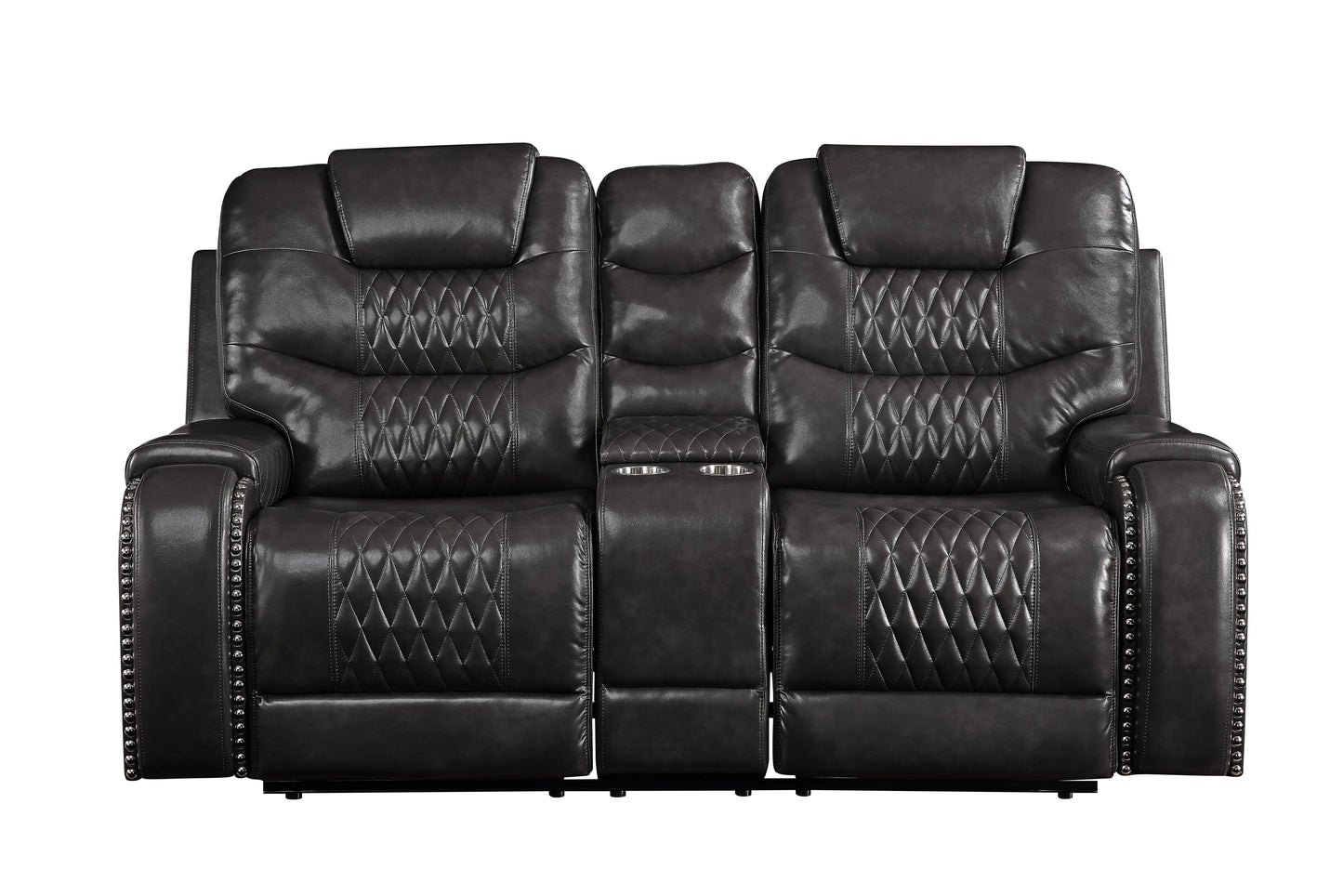 Dark gray faux leather loveseat recliner with diamond stitching and cup holders