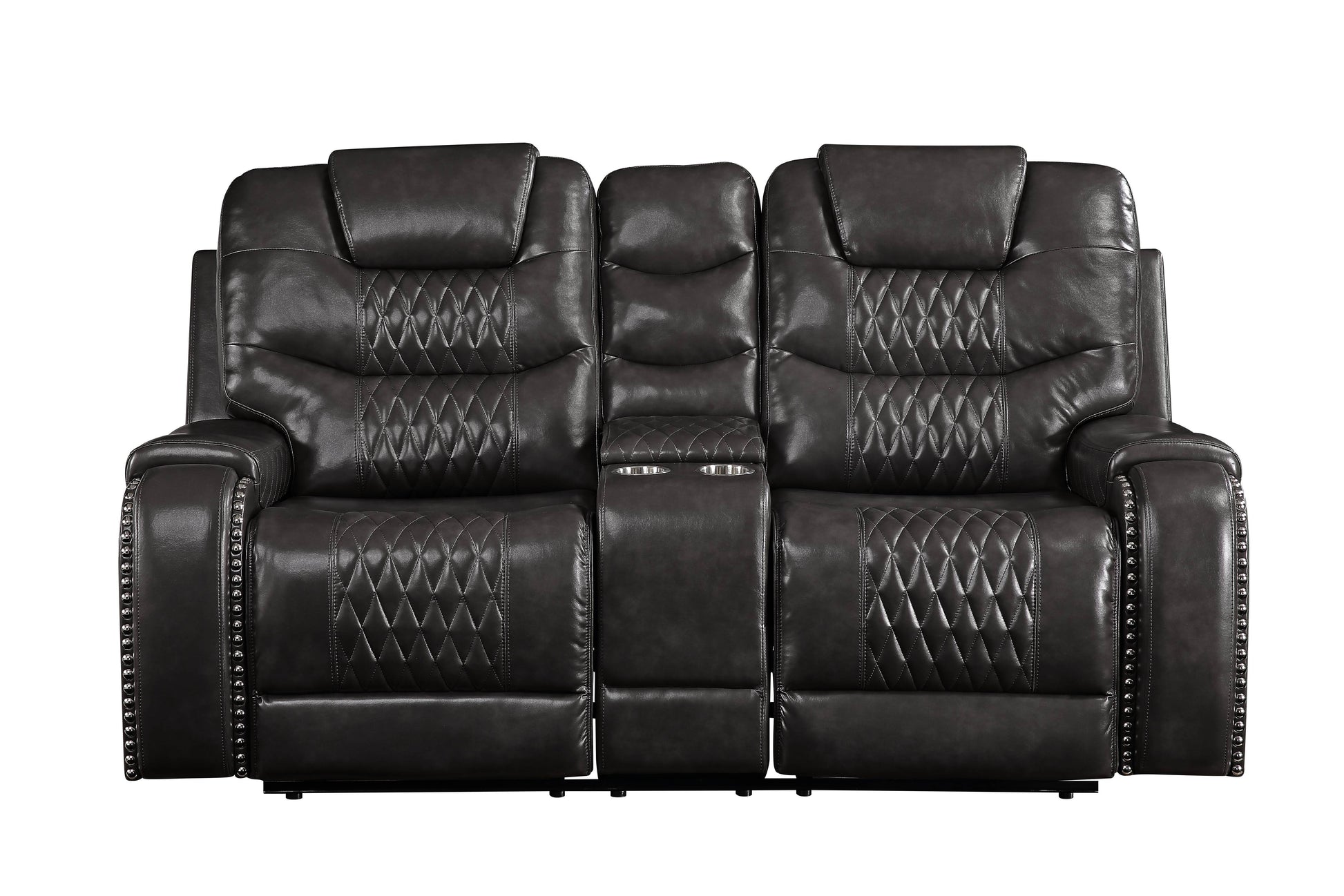 Dark gray faux leather loveseat recliner with diamond stitching and cup holders