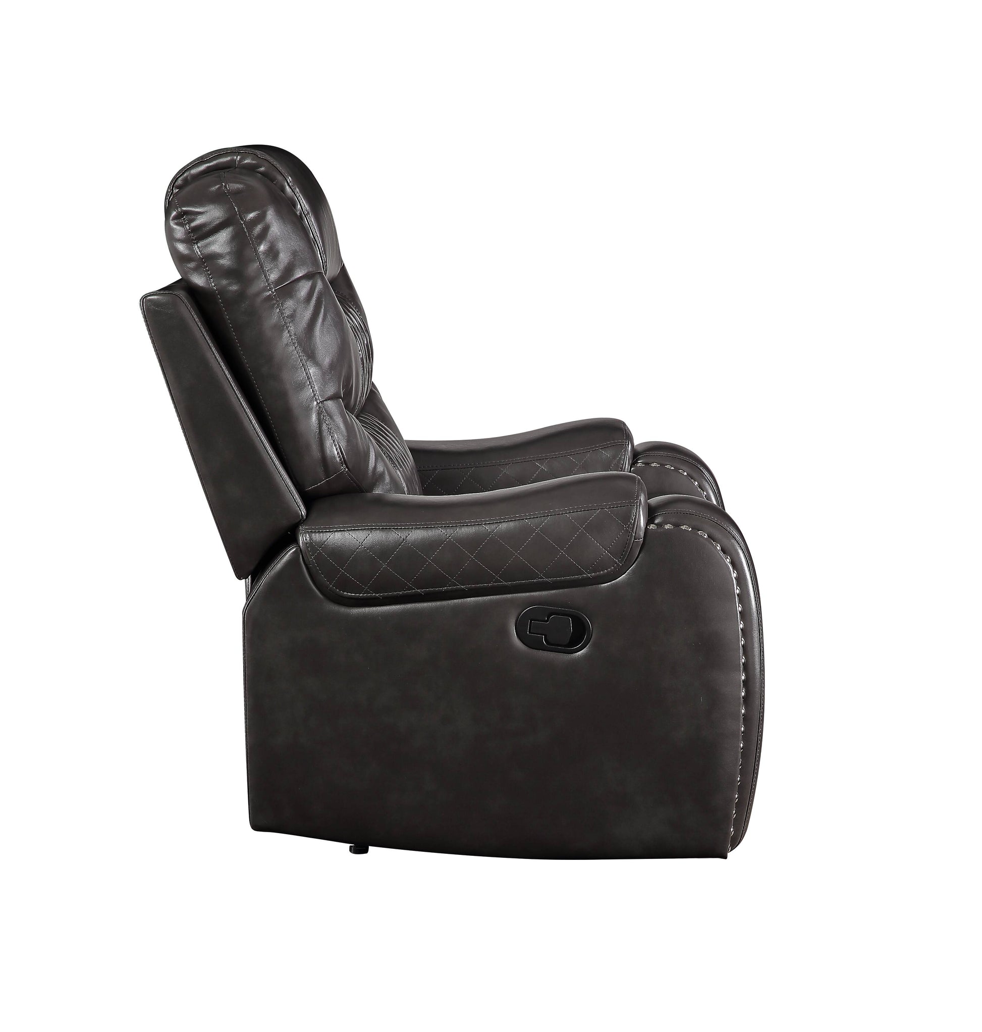 Dark grey faux leather recliner chair with diamond stitching on backrest and subtle metal studs