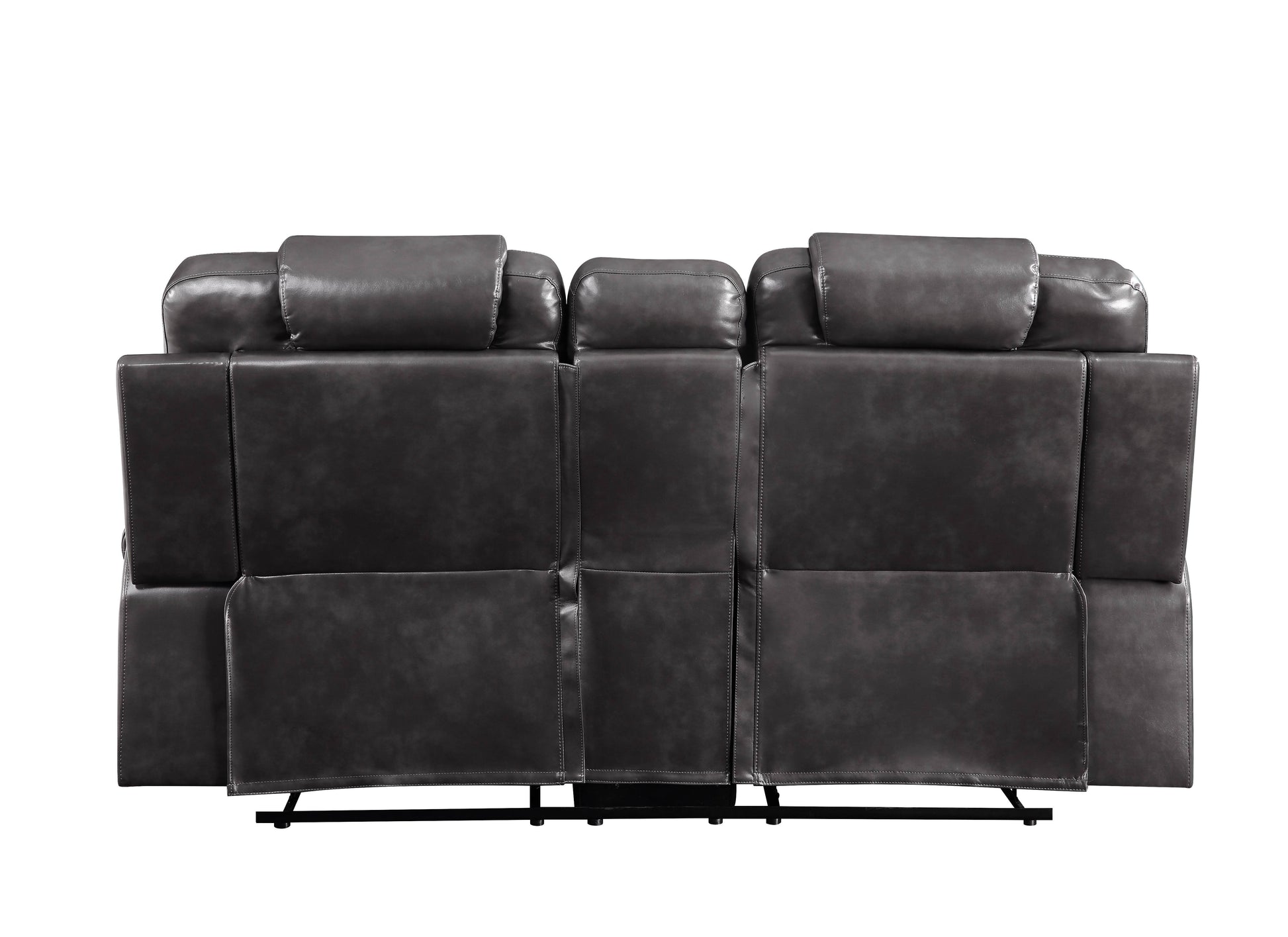 Back view of a dark gray leather reclining sofa with three padded headrests