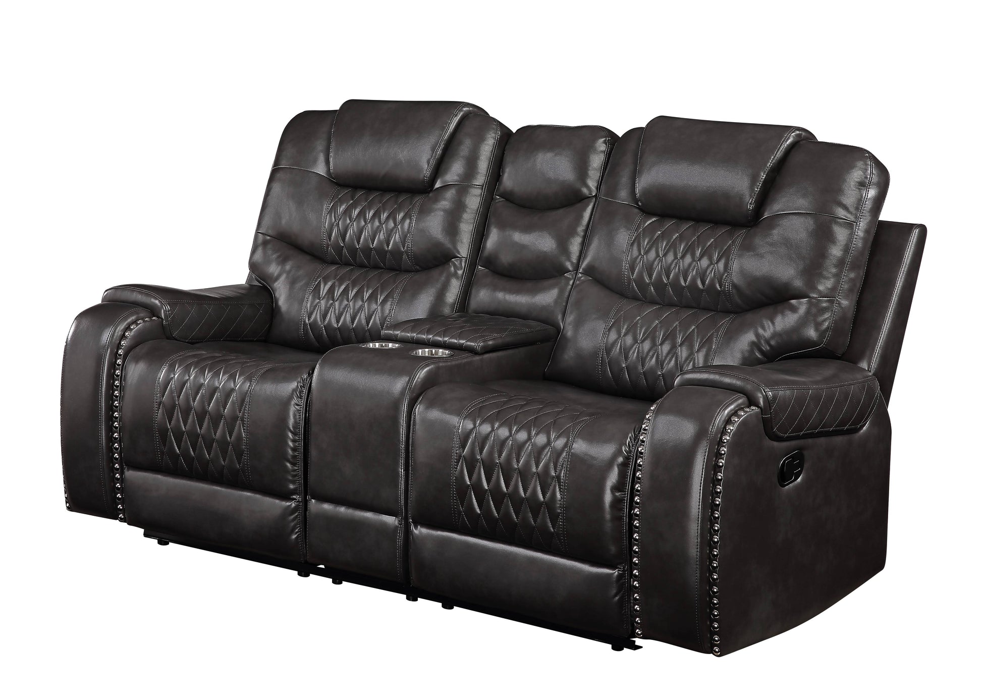 Gray faux leather loveseat recliner with diamond stitching and cup holders for ultimate comfort