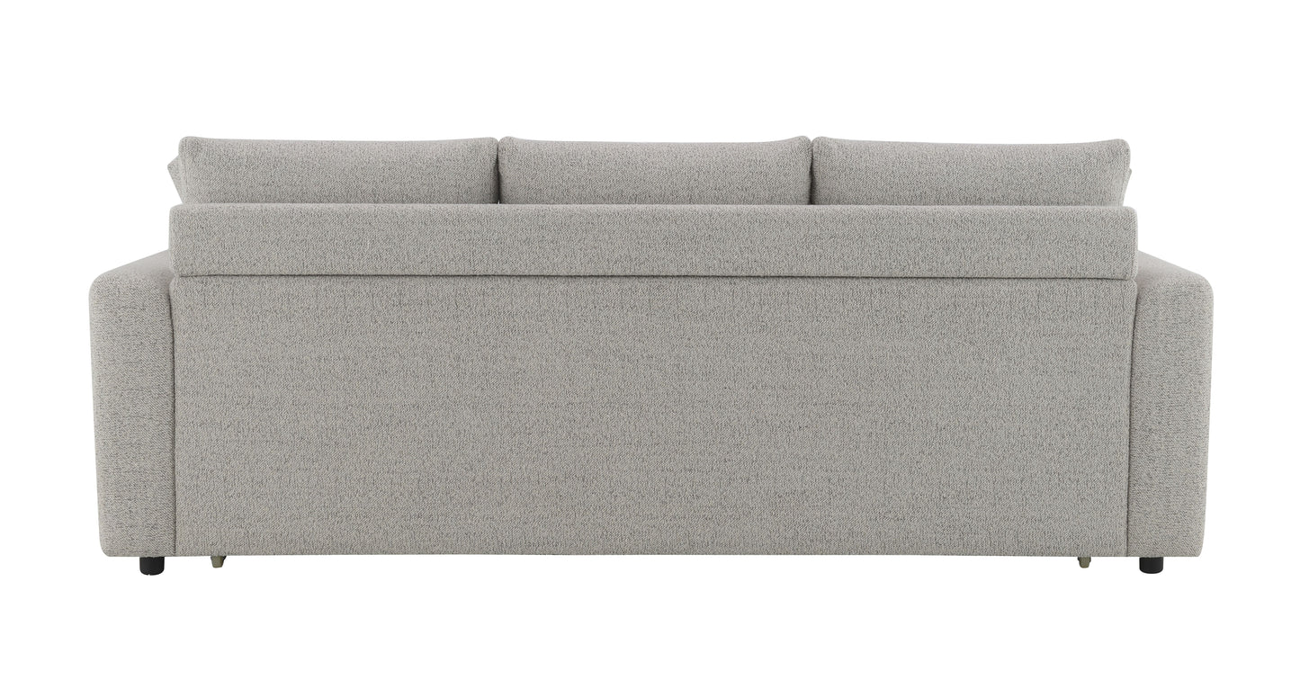 Light grey textured fabric sofa with three back cushions and clean lines