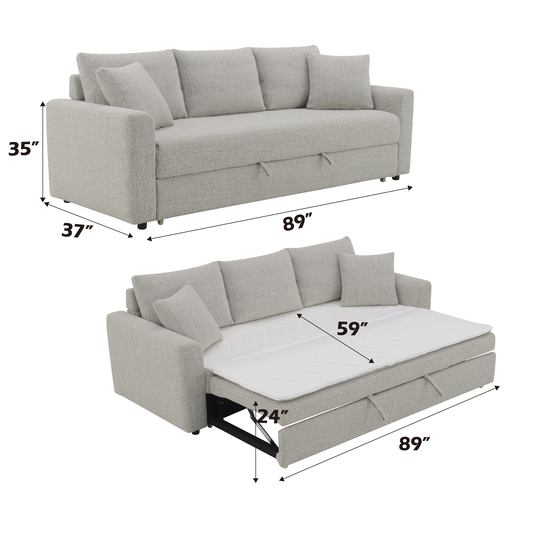 Light grey textured fabric sleeper sofa with plush cushions and pullout bed