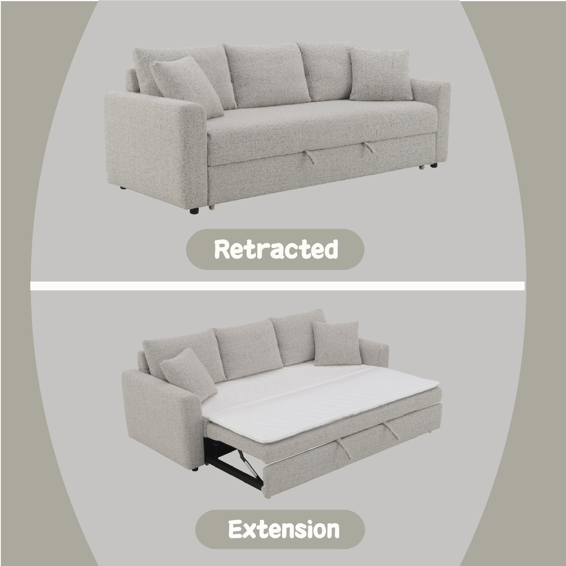 Light grey fabric sofa bed in retracted mode with plush cushions