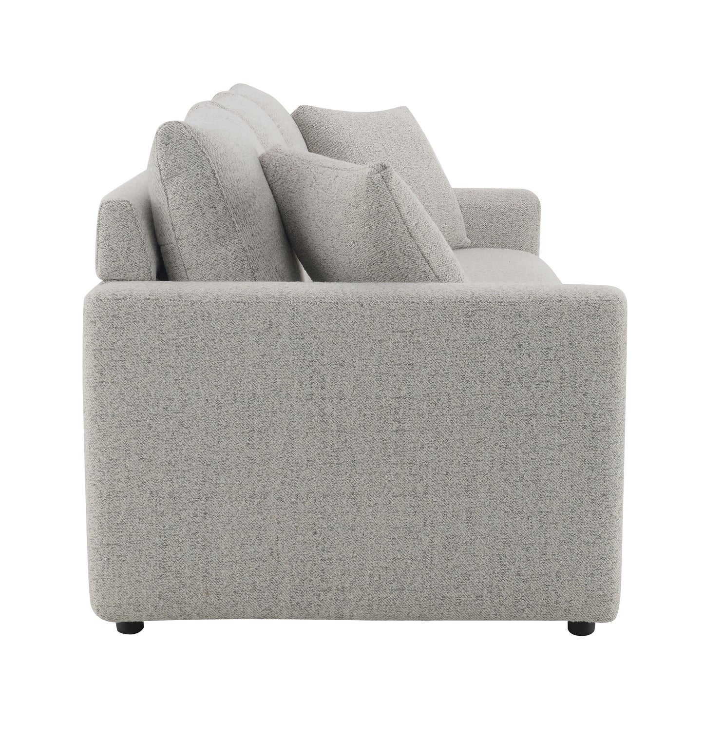 Light grey textured fabric sofa with plush cushions and dark legs