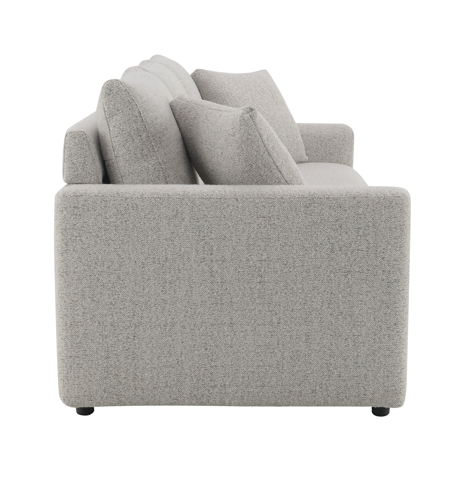 Light grey textured fabric sofa with plush cushions and dark legs