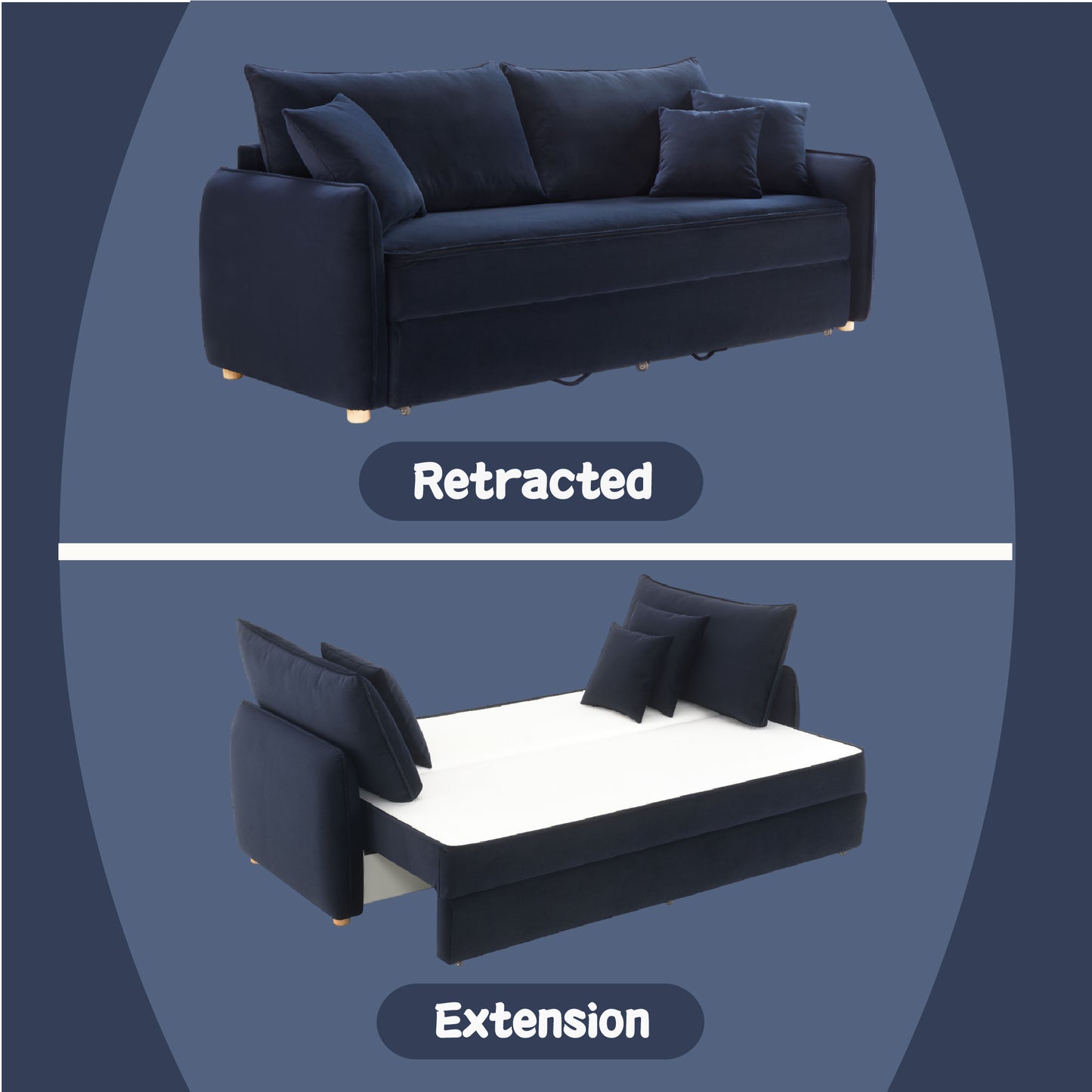 Dark navy velvet sofa bed with plush cushions retracted state for living room