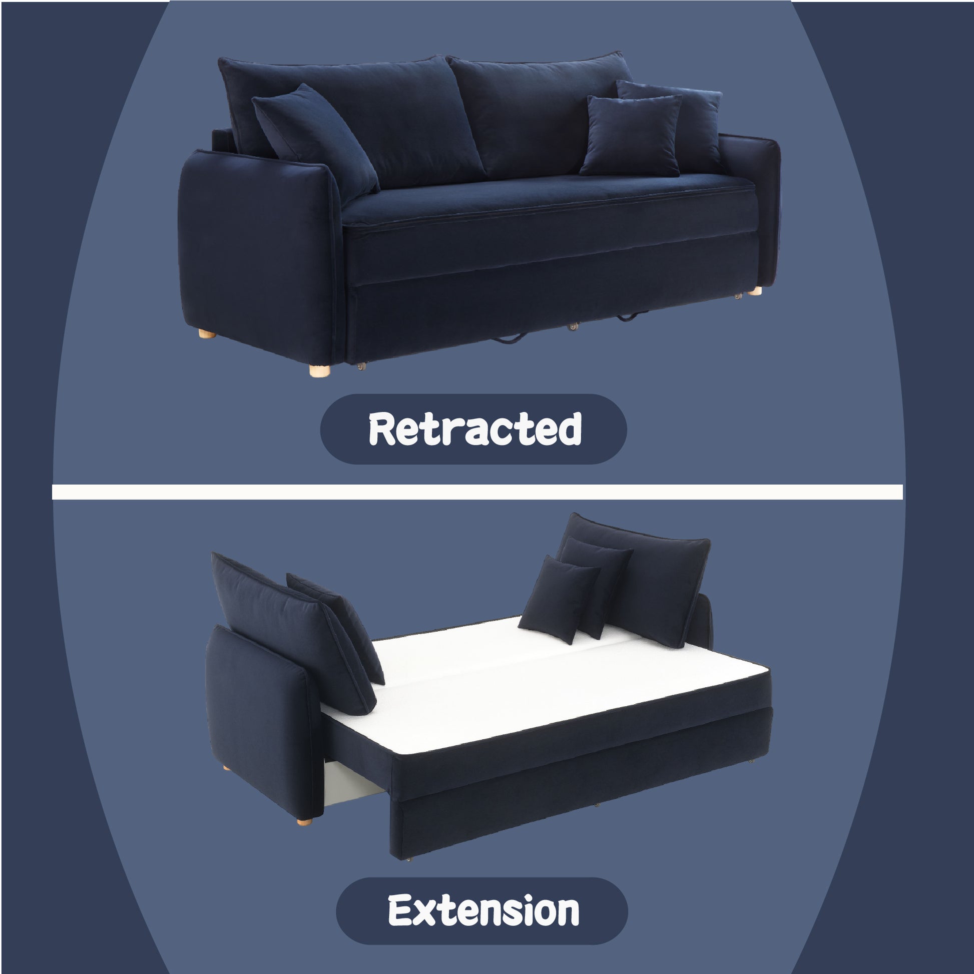 Dark navy velvet sofa bed with plush cushions retracted state for living room